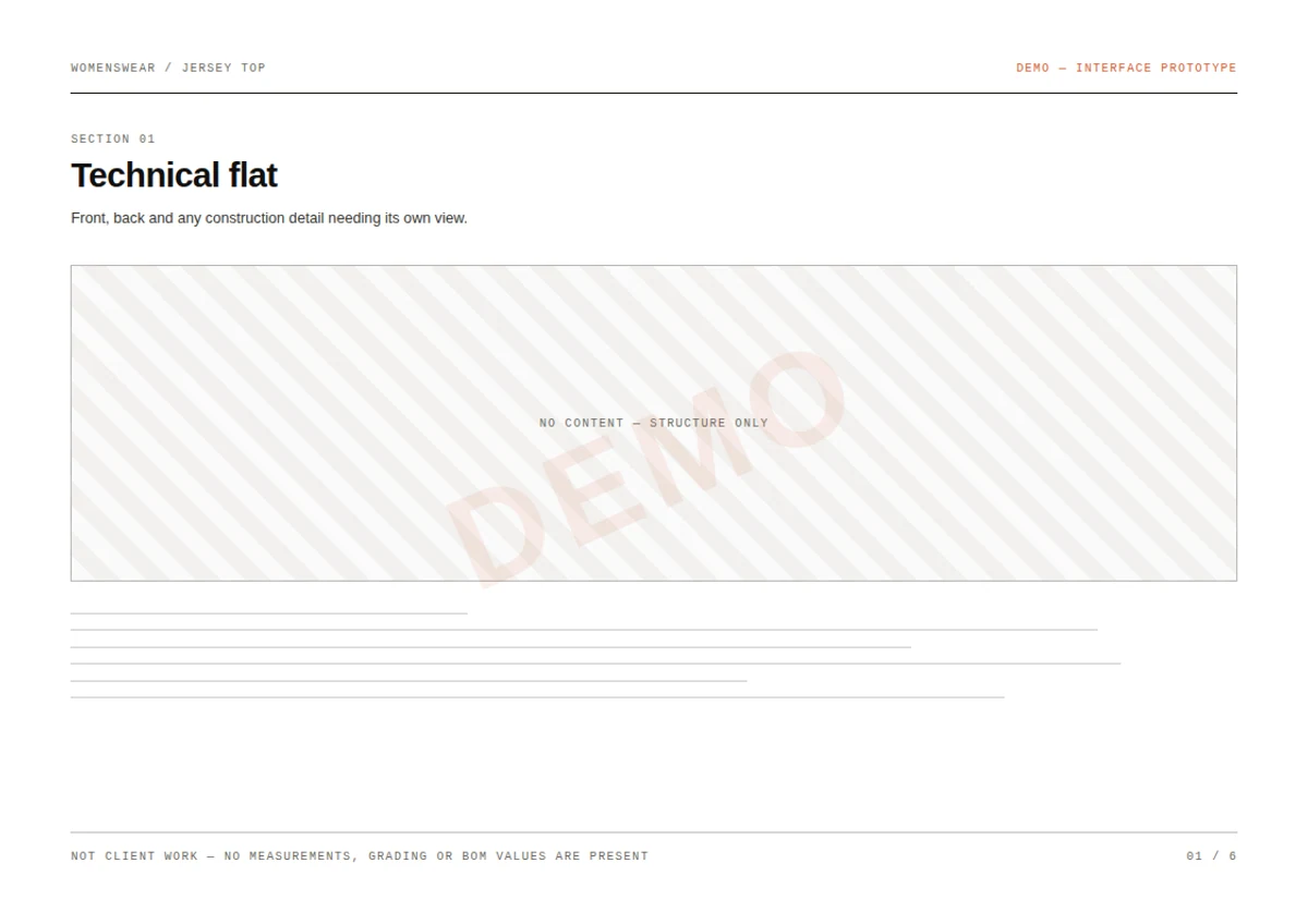 First page of the jersey top demo technical pack: section 01, technical flat, stamped DEMO — interface prototype, with every field left blank.