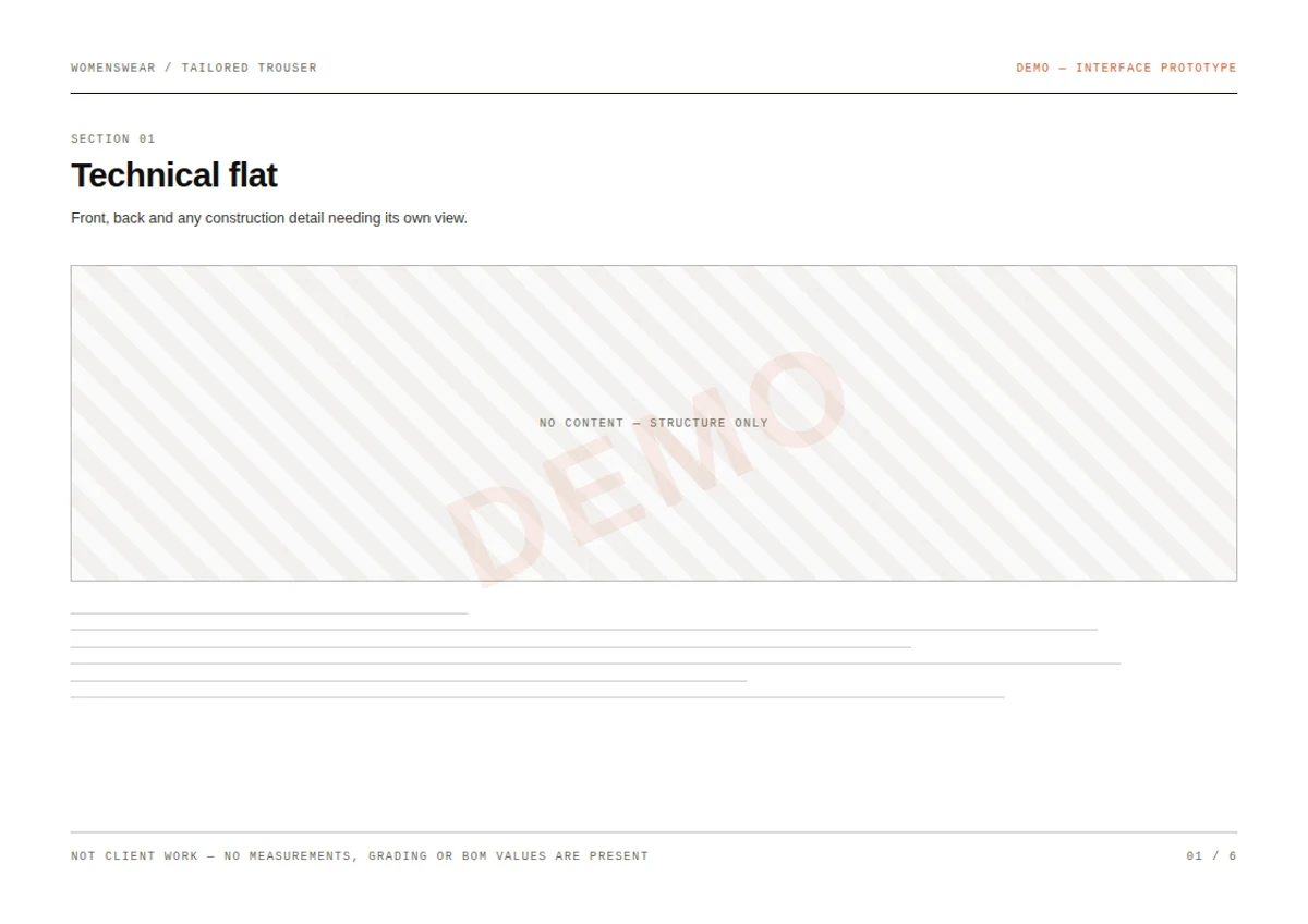 First page of the tailored trouser demo technical pack: section 01, technical flat, stamped DEMO — interface prototype, with every field left blank.