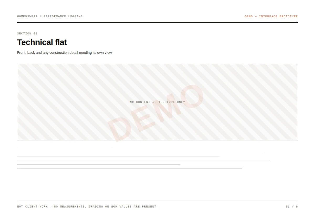 First page of the performance legging demo technical pack: section 01, technical flat, stamped DEMO — interface prototype, with every field left blank.
