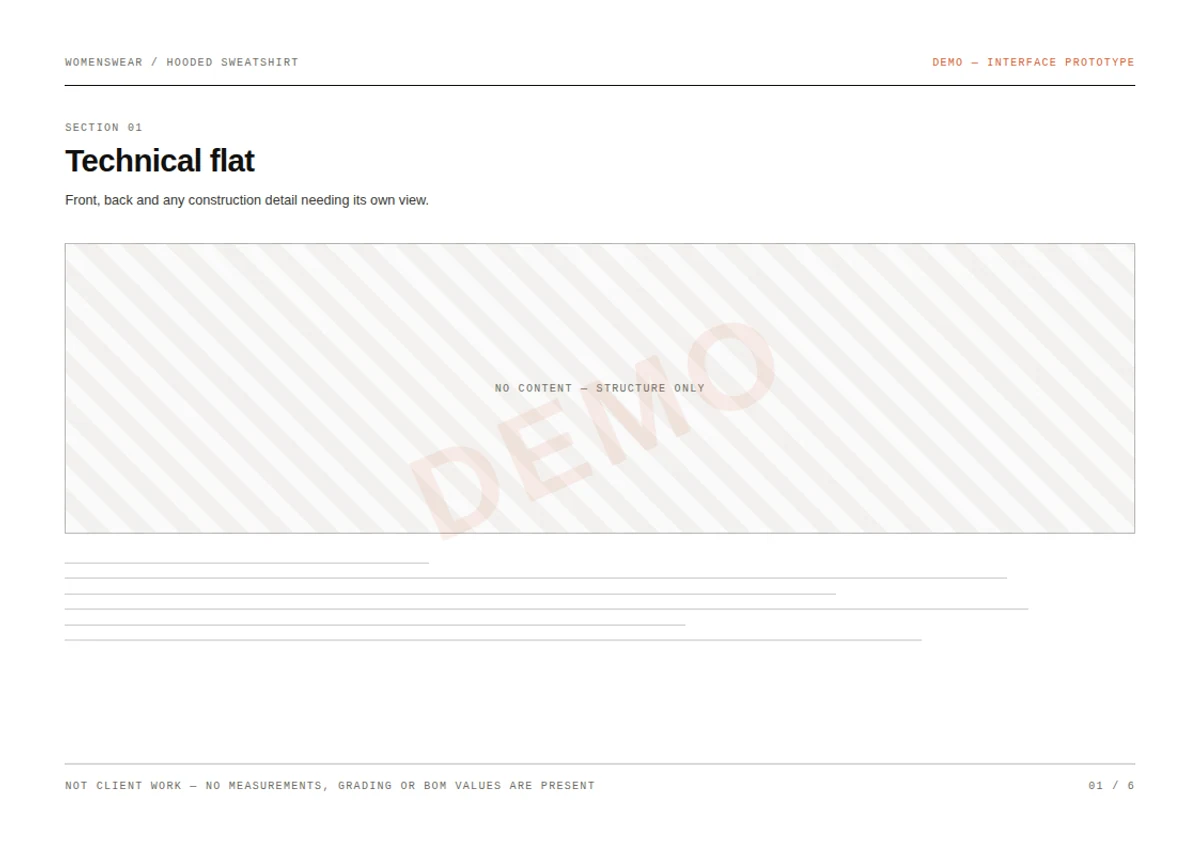 First page of the hooded sweatshirt demo technical pack: section 01, technical flat, stamped DEMO — interface prototype, with every field left blank.