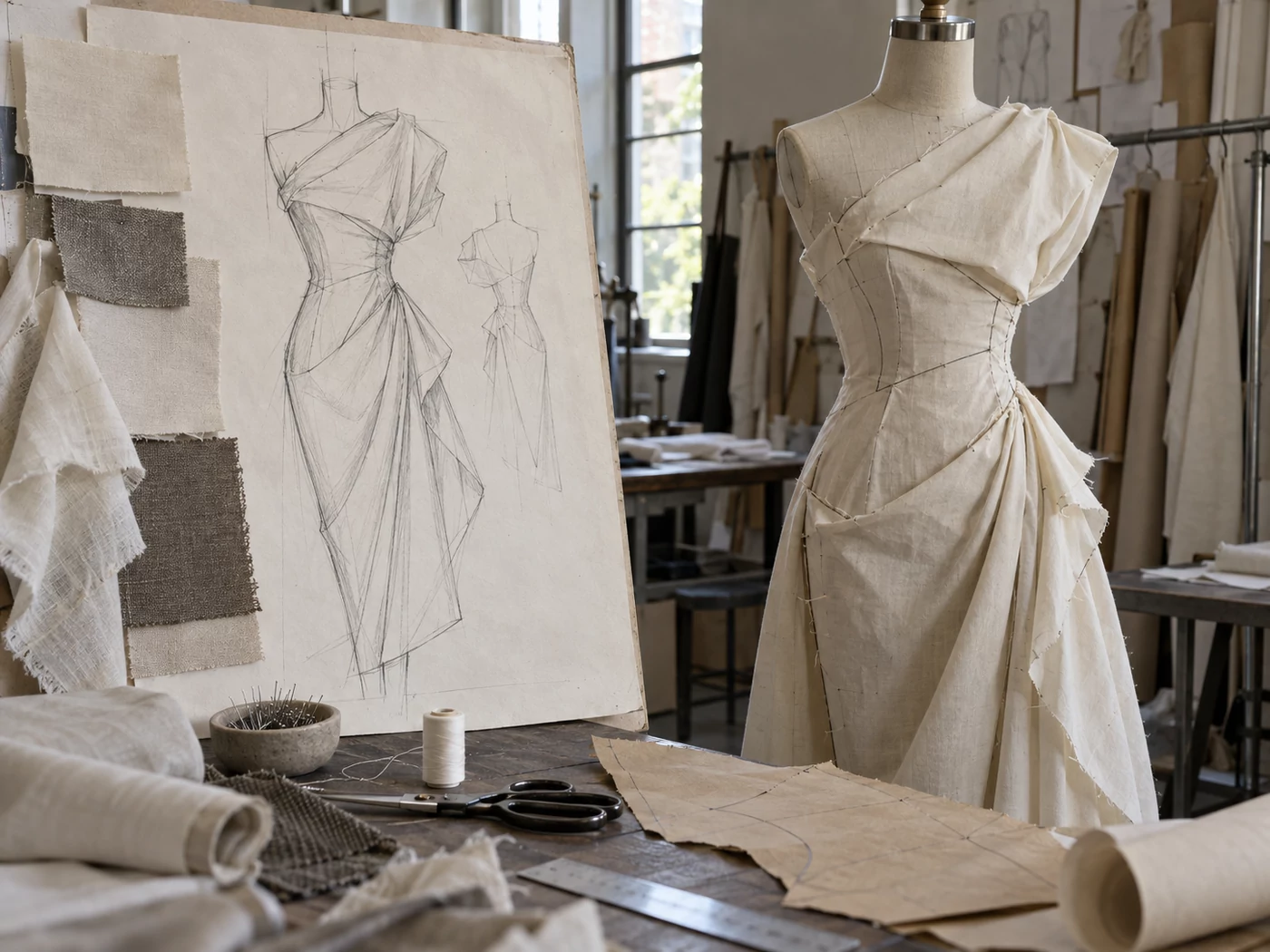 An atelier worktable: a large garment sketch on board beside the same design draped in toile on a dress form, with fabric swatches and pattern paper.