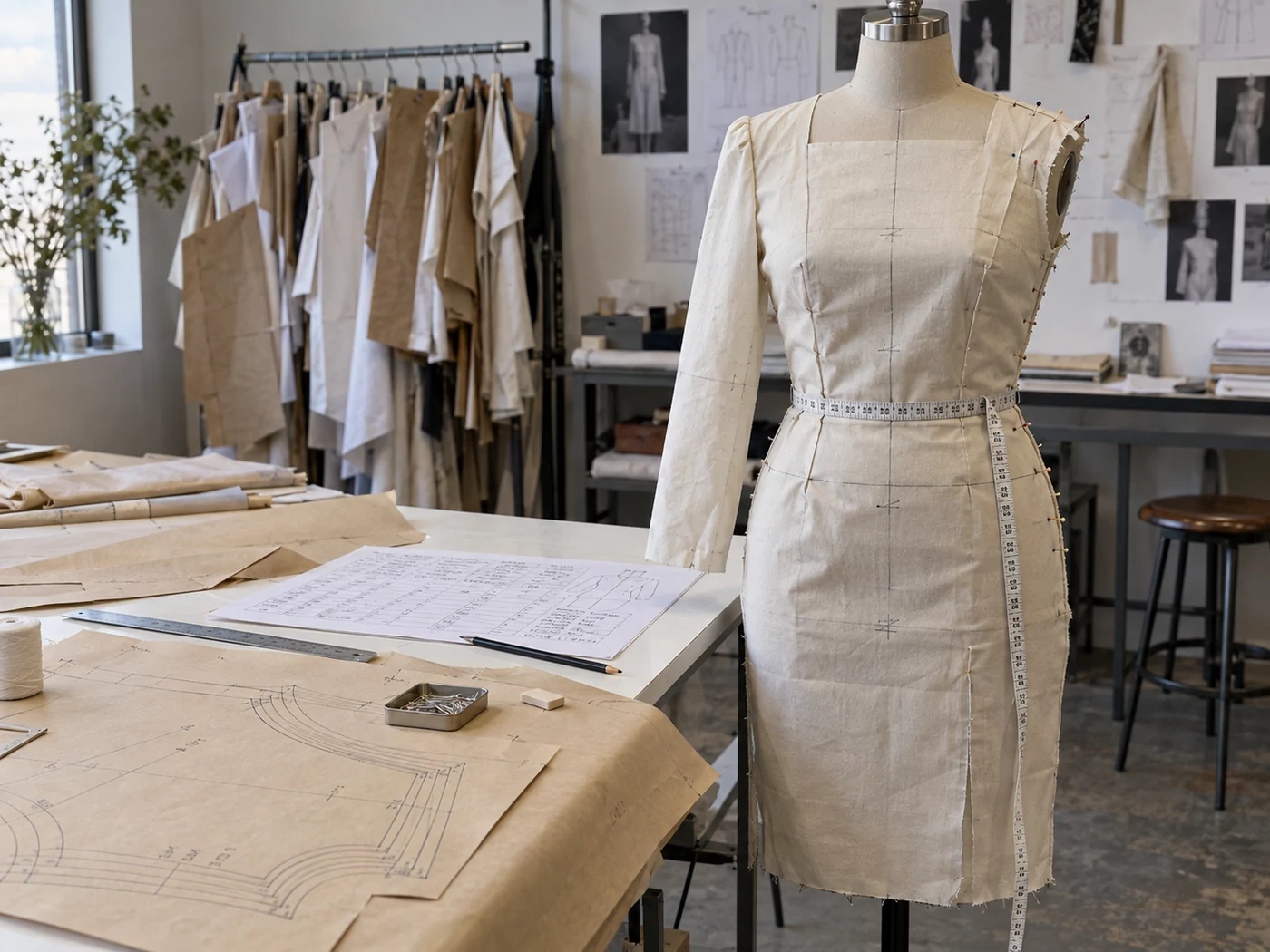 A dress form carrying an in-progress toile with a measuring tape at the waist, beside a worktable holding a measurement sheet and graded pattern paper.
