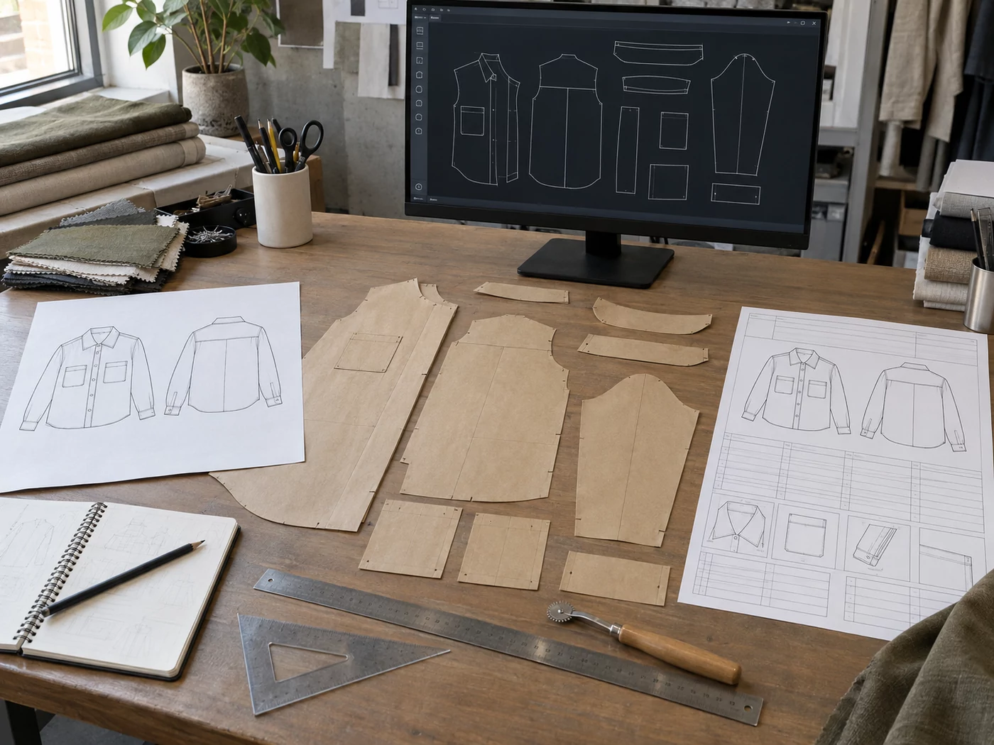 One shirt design held across four technical representations on a studio desk: a flat drawing, cut paper pattern pieces, the digital pattern on screen and a technical specification sheet.