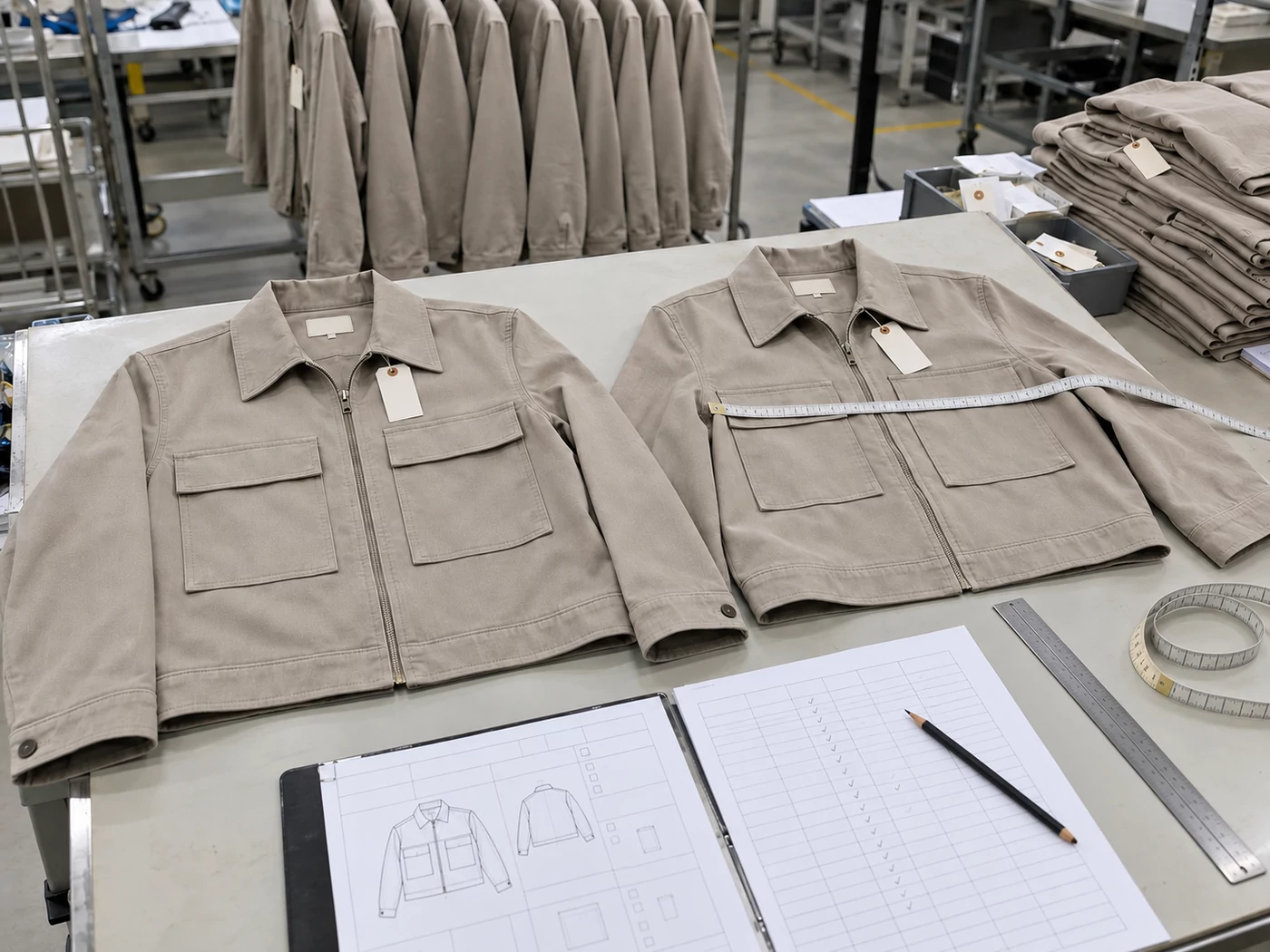 Two jackets side by side on a quality control table, a measuring tape laid across one of them, a checked inspection sheet in front and the rest of the production run on a rail behind.