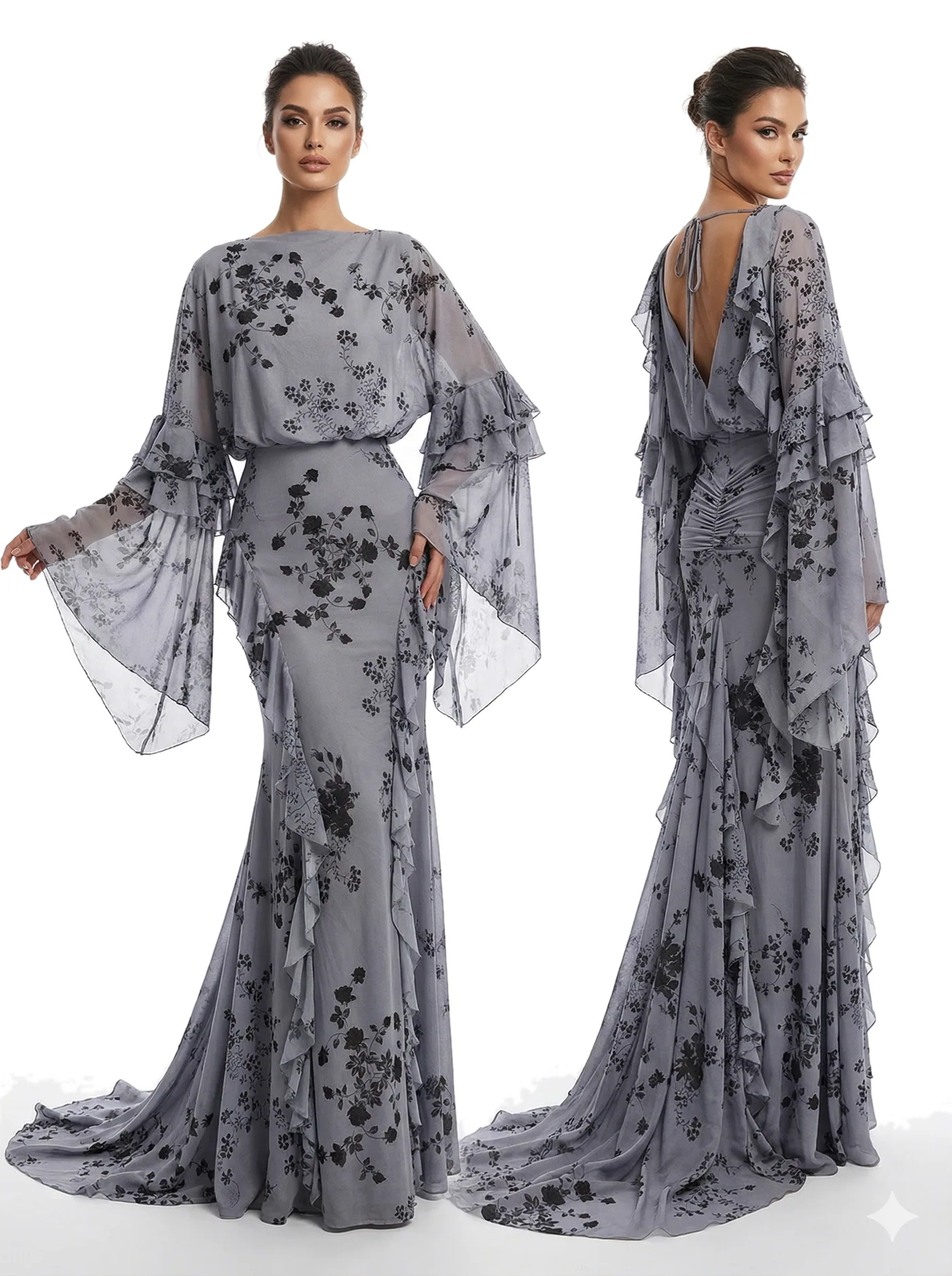 Front and back views of a grey printed column gown with wide flared sleeves falling from the elbow, photographed together on a white studio ground.