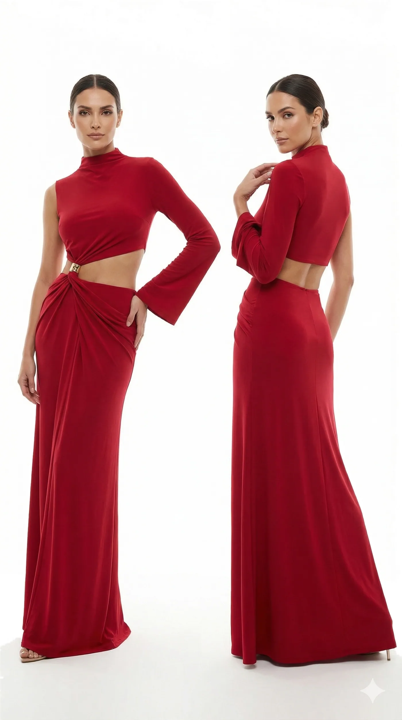 Front and back views of a red high-neck long-sleeved top with an open midriff worn with a floor-length skirt, photographed together on a white studio ground.