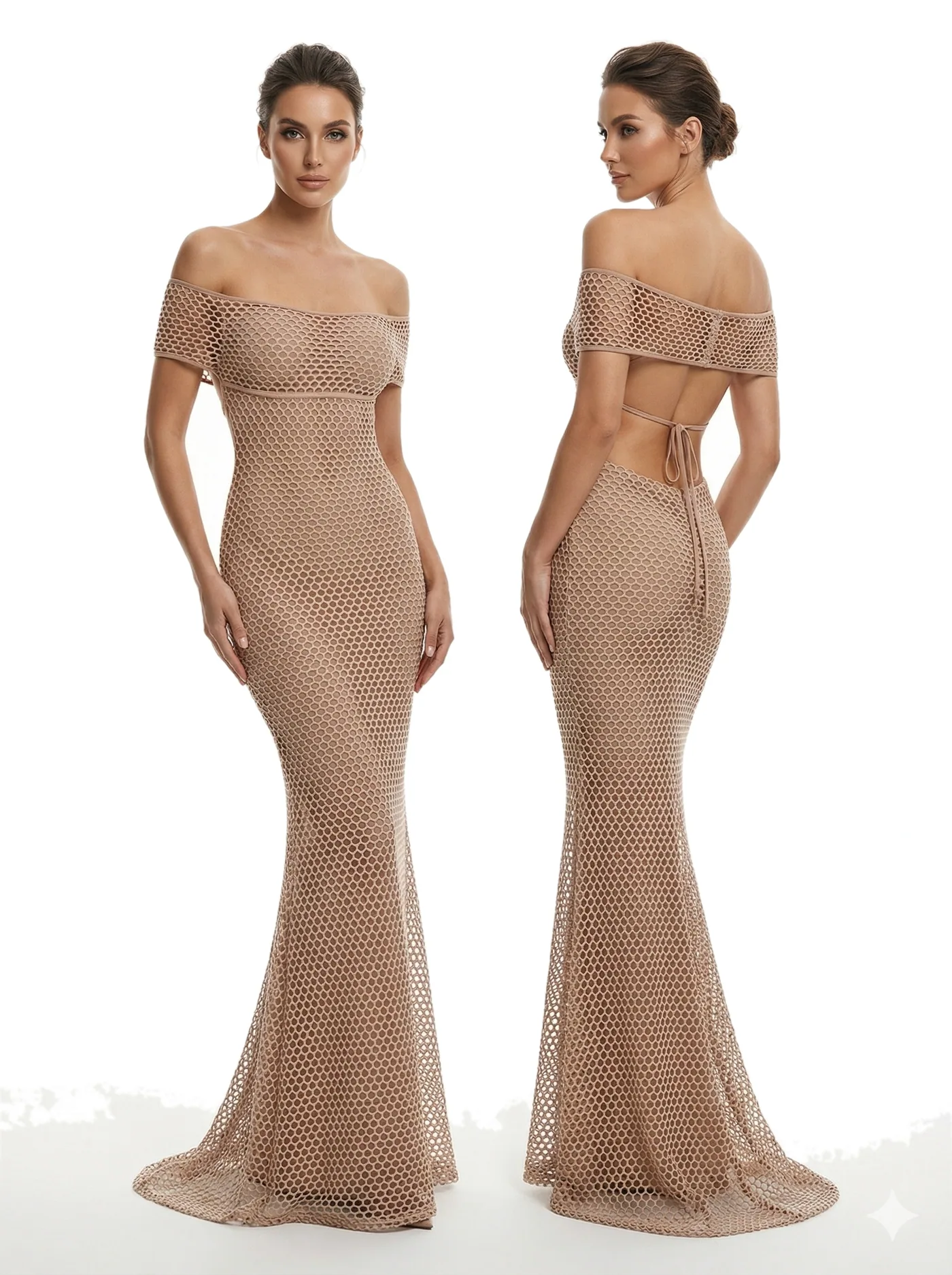 Front and back views of a nude off-shoulder column gown with a low open back, photographed together on a white studio ground.