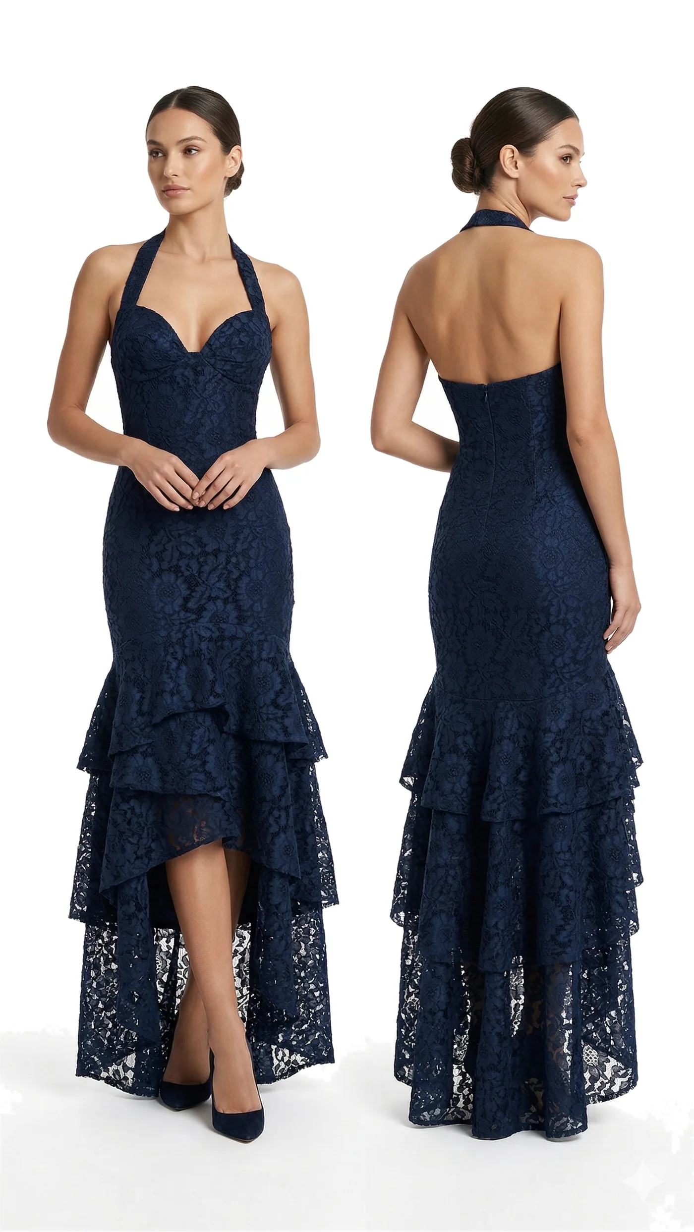 Front and back views of a navy halter gown with a fitted bodice and a tiered lace ruffle skirt, photographed together on a white studio ground.