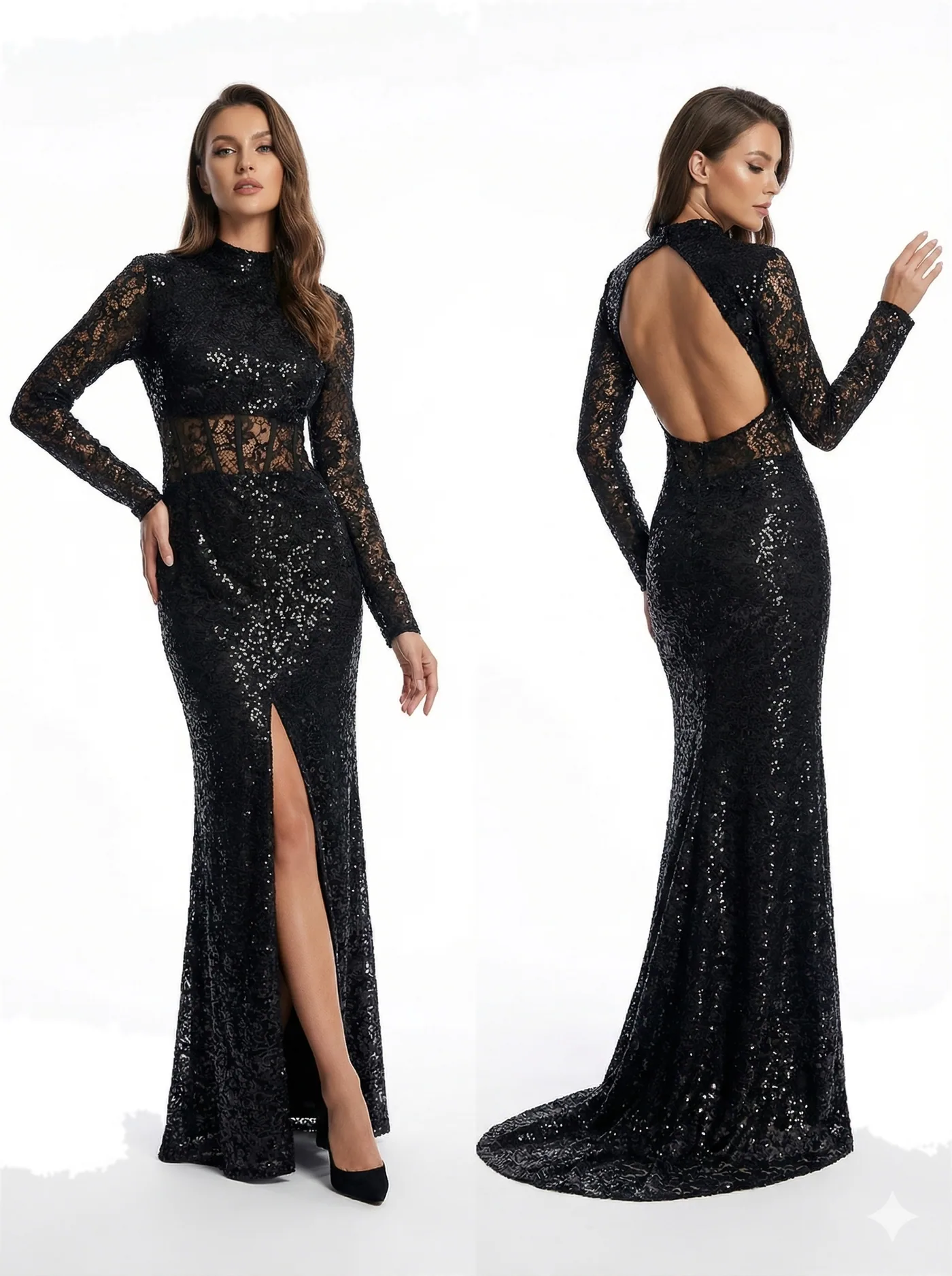 Front and back views of a black long-sleeved sequinned gown with a high neck, open back and front slit, photographed together on a white studio ground.