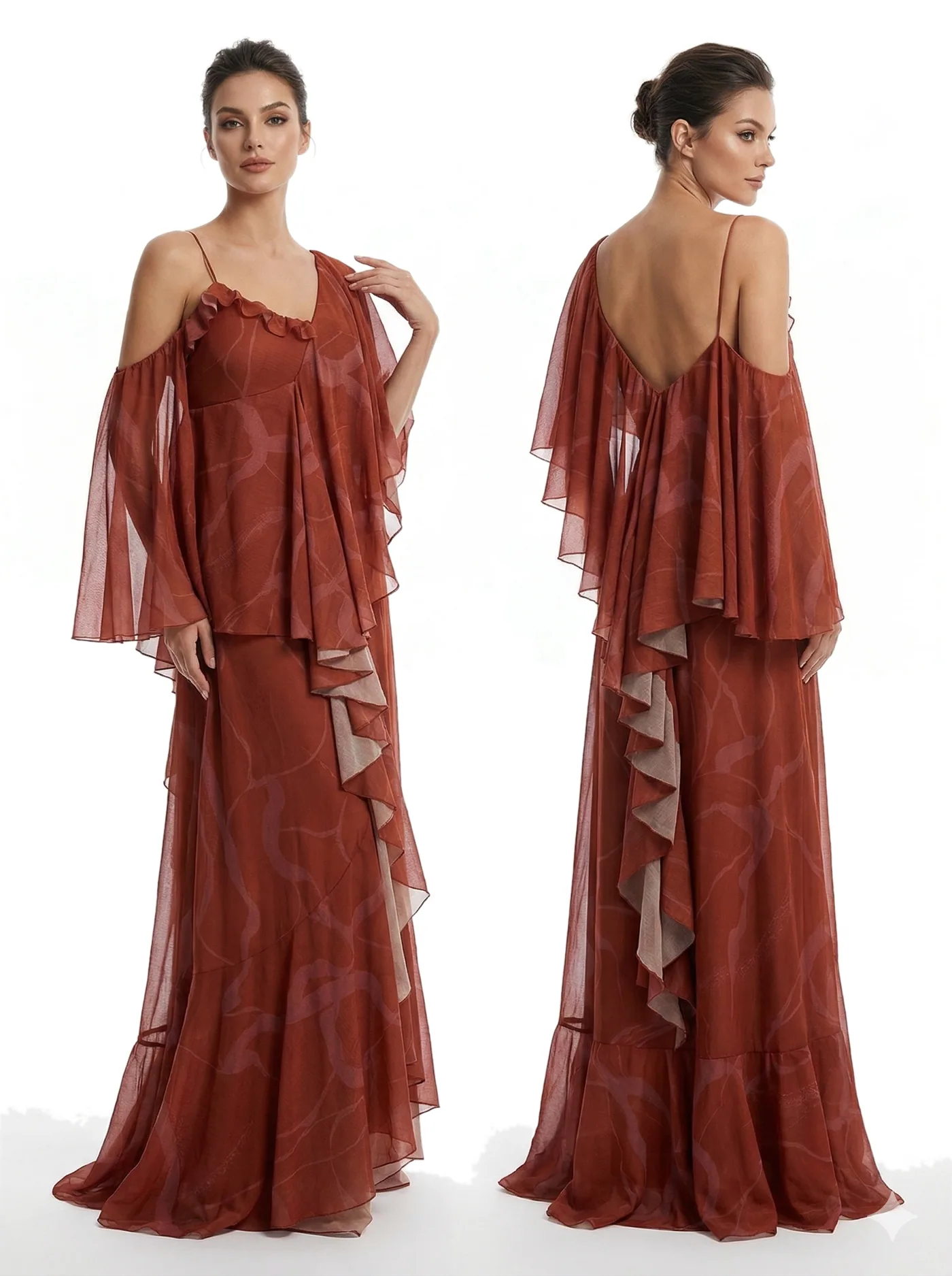 Front and back views of a rust chiffon gown with a ruffle running down the front, photographed together on a white studio ground.