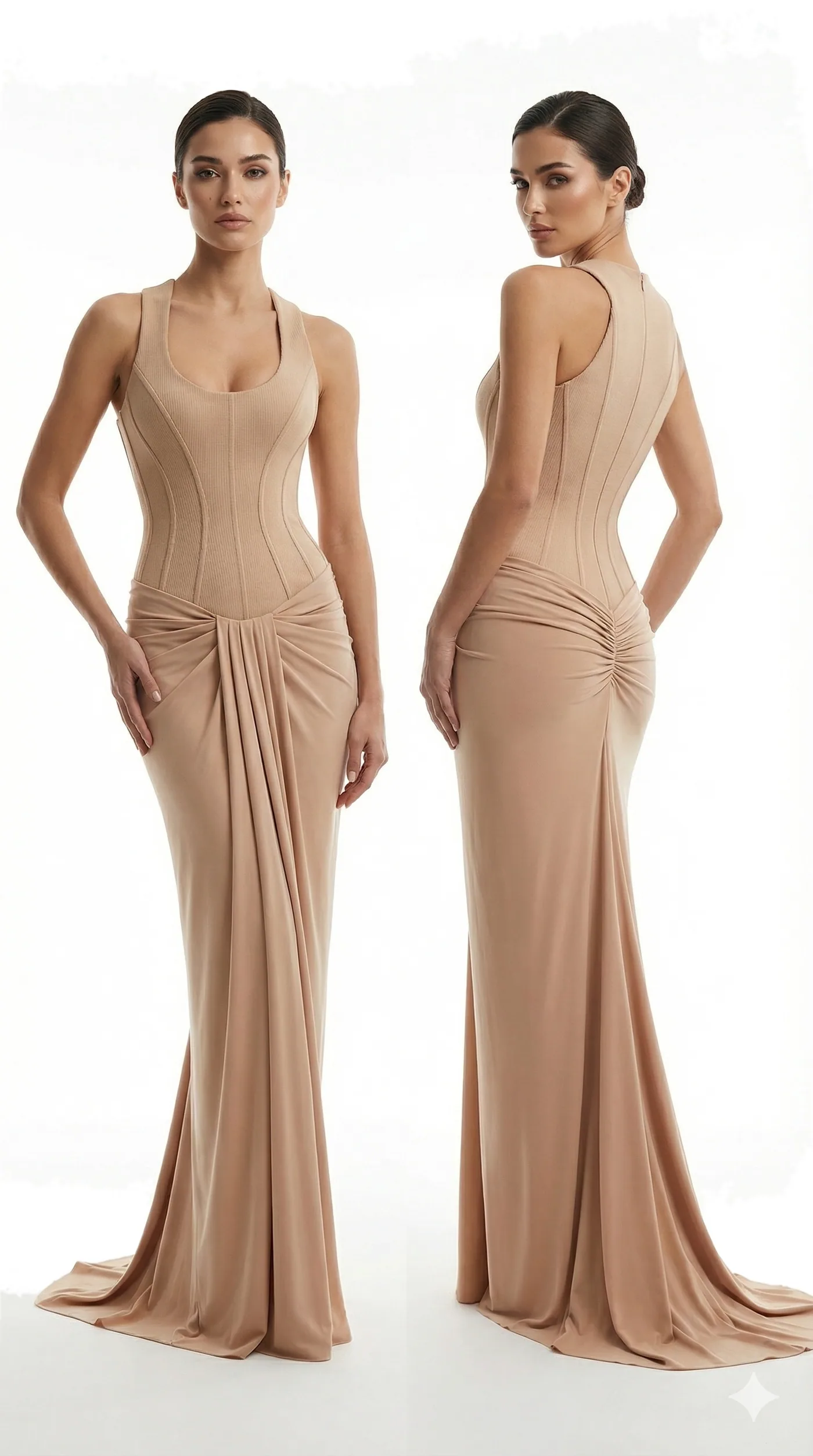 Front and back views of a nude floor-length gown with a fitted bodice and a draped skirt front, photographed together on a white studio ground.