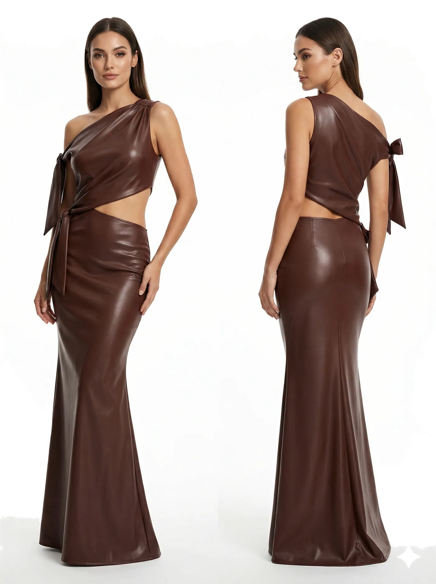 Front and back views of a brown column gown with an open cut-out waist and a tie at the back, photographed together on a white studio ground.