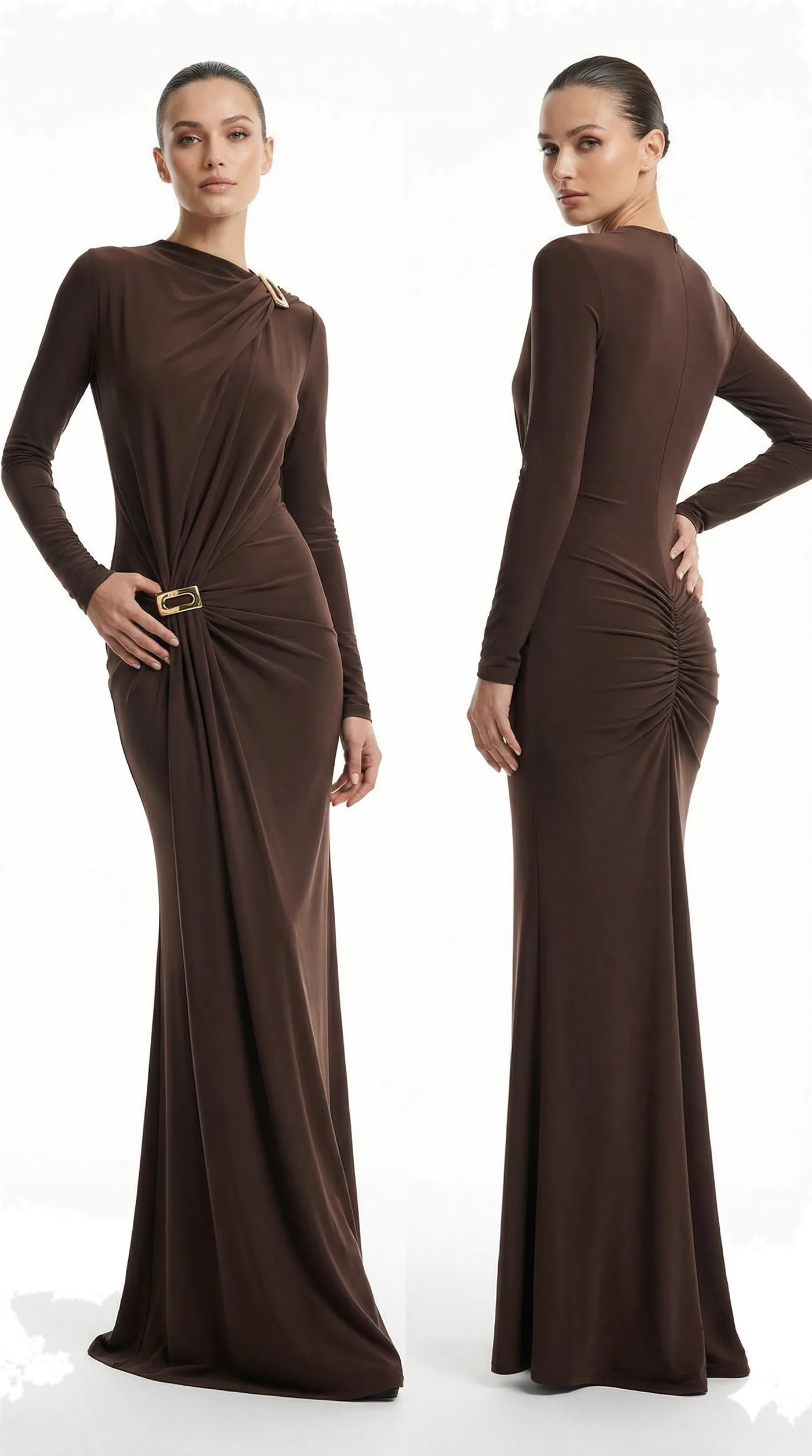 Front and back views of a dark brown high-neck long-sleeved gown gathered through the body, photographed together on a white studio ground.