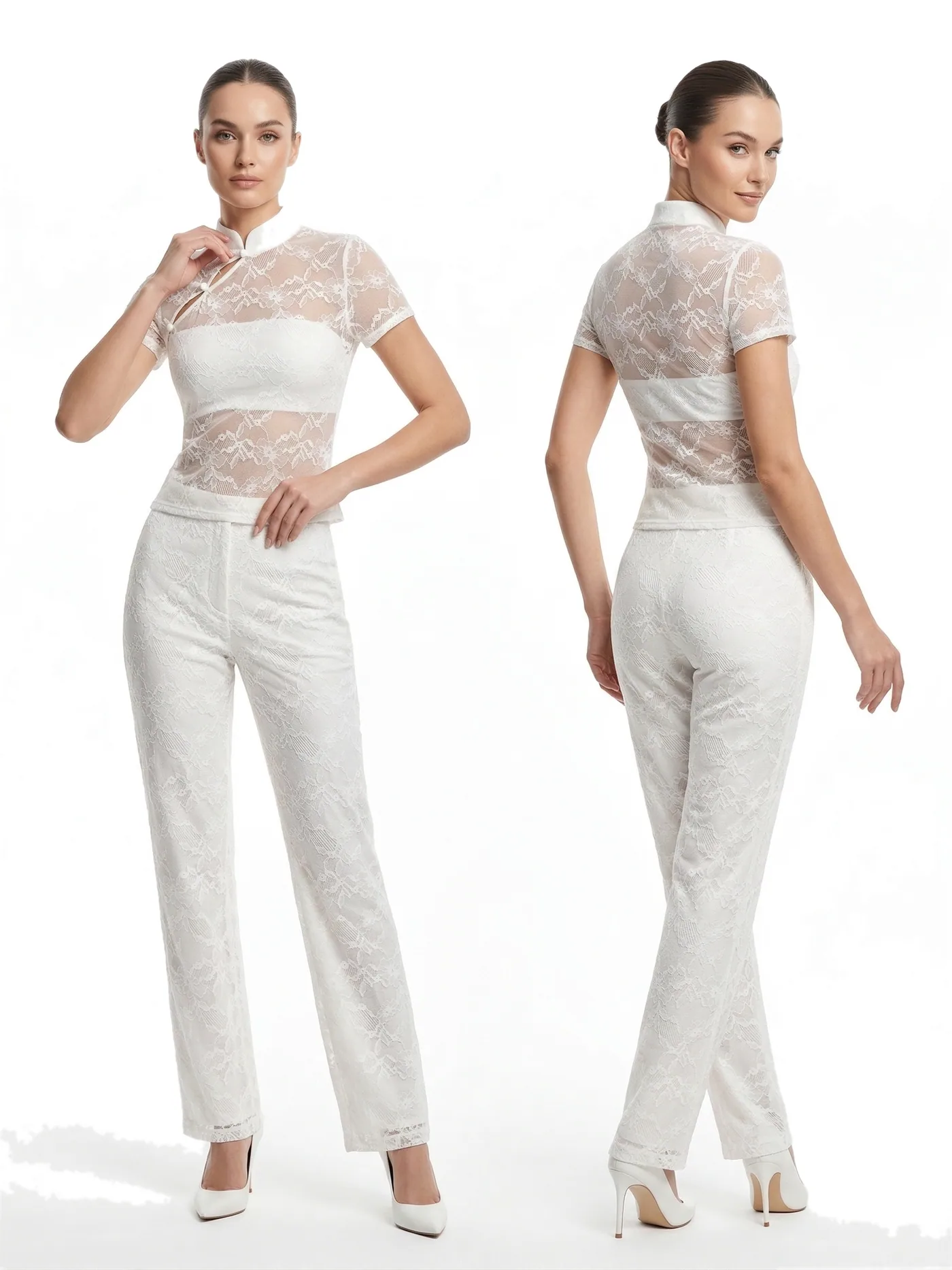 Front and back views of a white lace high-neck top worn with matching white lace trousers, photographed together on a white studio ground.