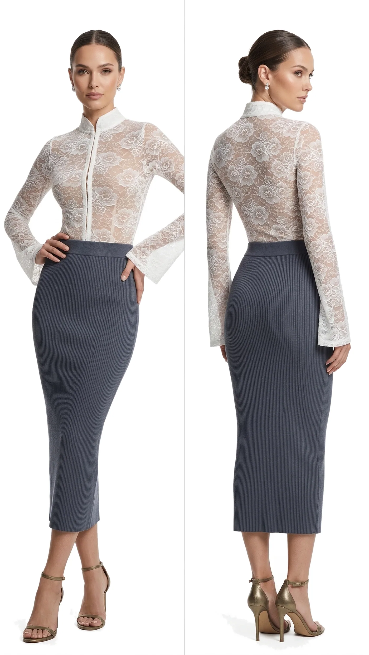 Front and back views of a white lace high-neck top worn with a navy midi pencil skirt, photographed together on a white studio ground.