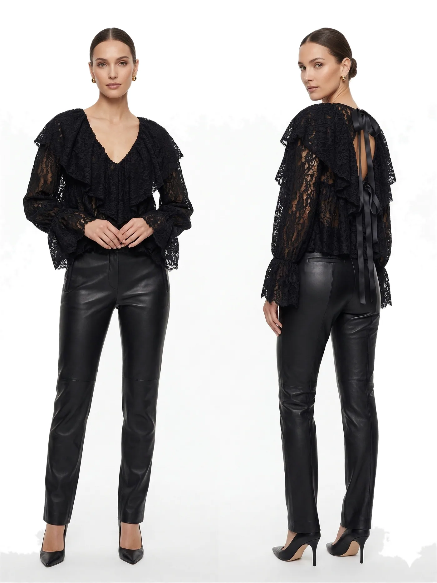 Front and back views of a black ruffled blouse worn with black slim trousers, photographed together on a white studio ground.