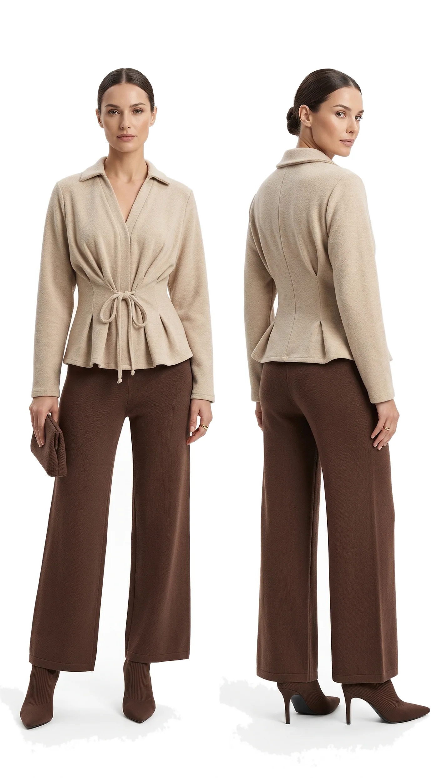Front and back views of a beige tie-waist wrap blouse worn with brown wide-leg trousers, photographed together on a white studio ground.
