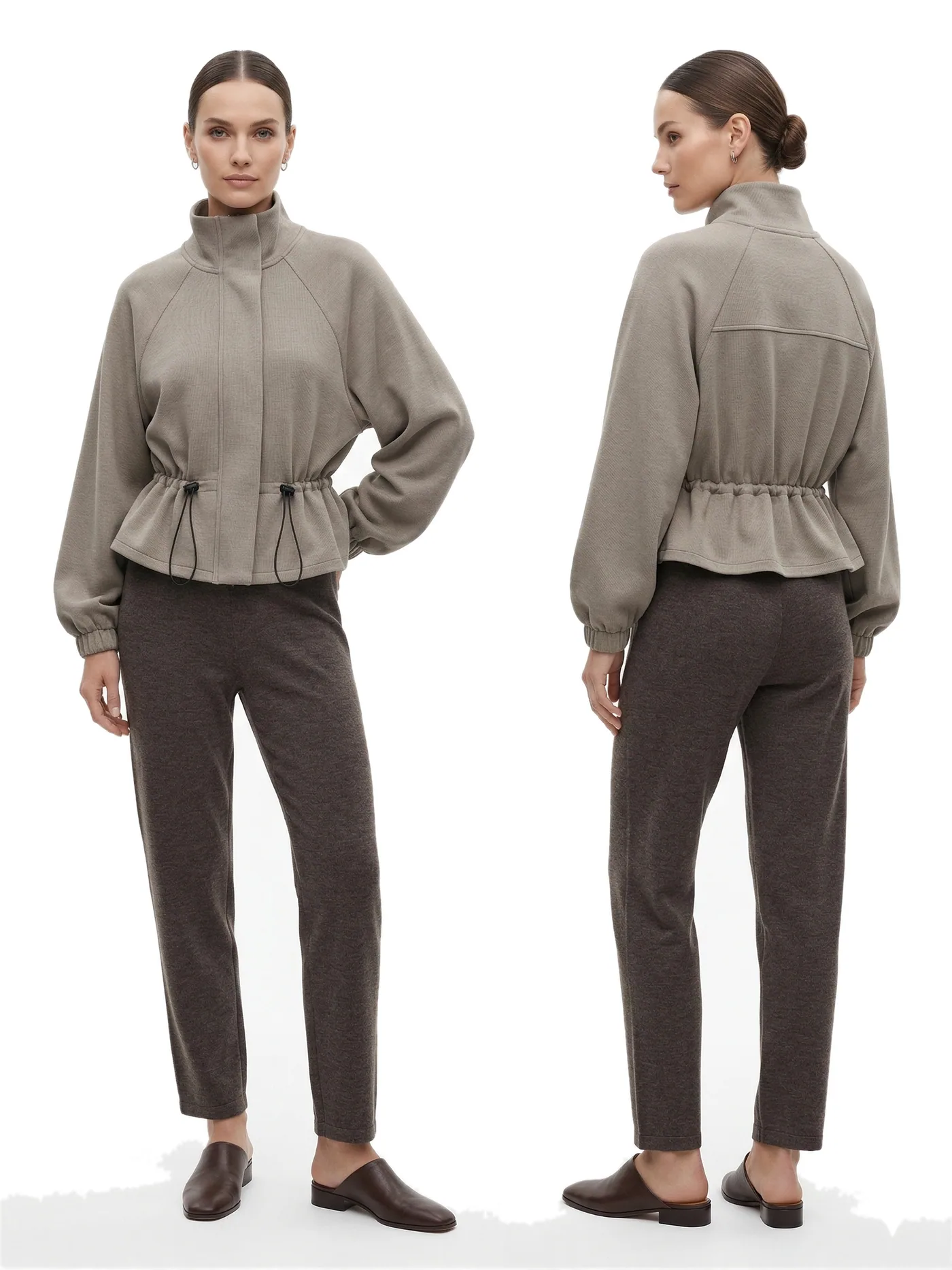 Front and back views of a taupe funnel-neck peplum jacket worn with matching slim trousers, photographed together on a white studio ground.