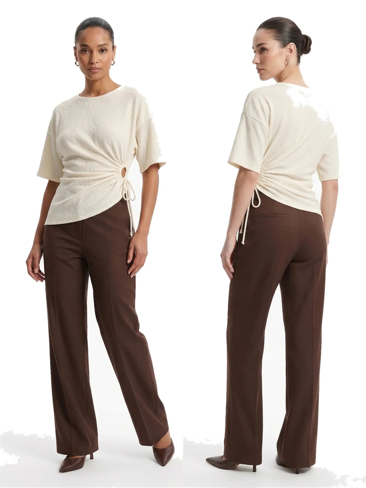 Front and back views of a cream jersey top gathered at one side with a drawcord, worn with brown wide-leg trousers, photographed together on a white studio ground.