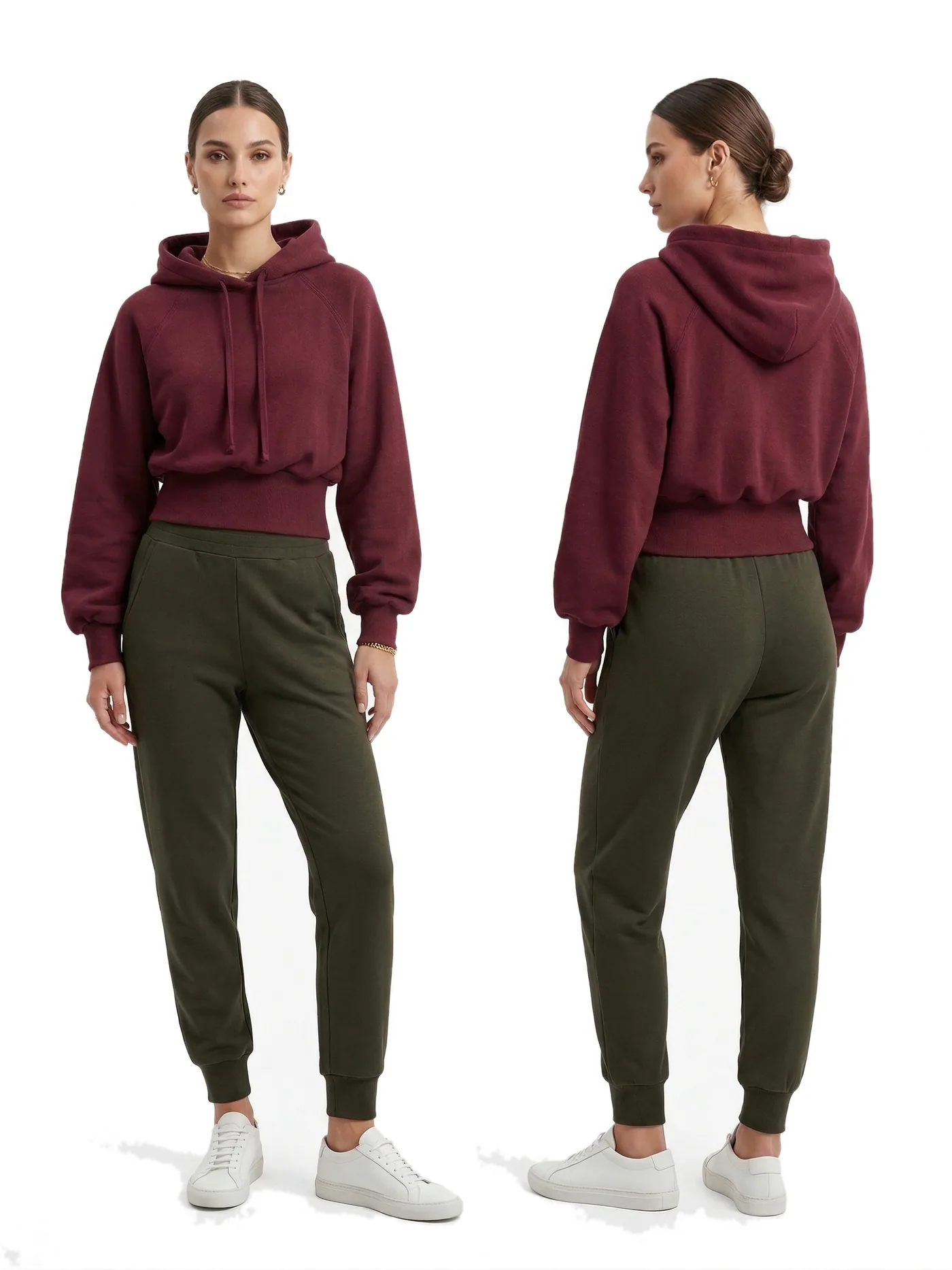 Front and back views of a burgundy cropped hooded sweatshirt worn with olive green joggers, photographed together on a white studio ground.
