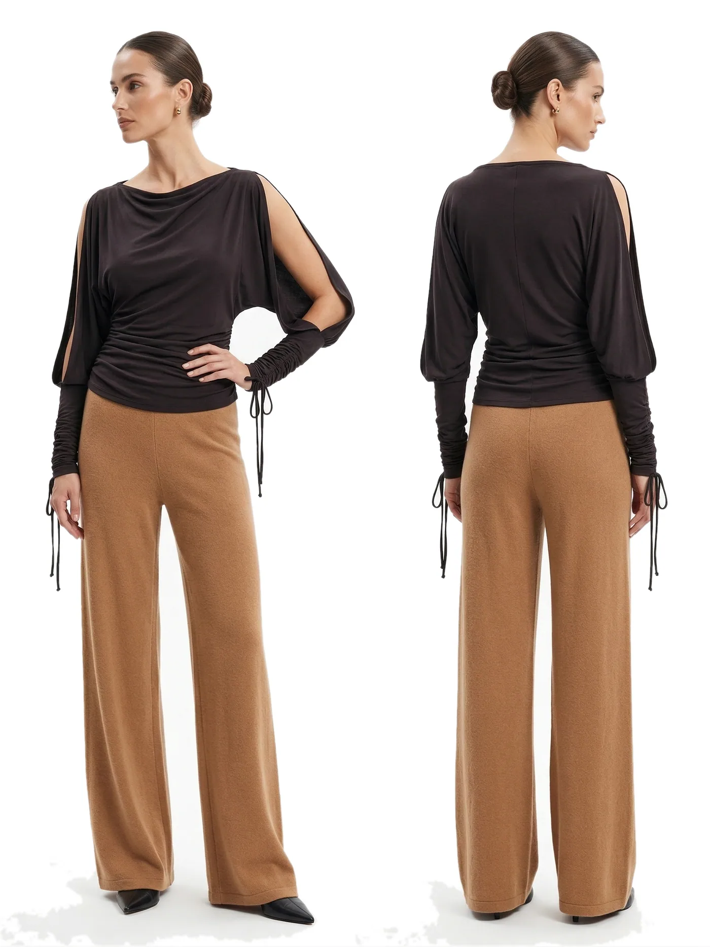 Front and back views of a brown cold-shoulder top with tie sleeves worn with camel wide-leg trousers, photographed together on a white studio ground.