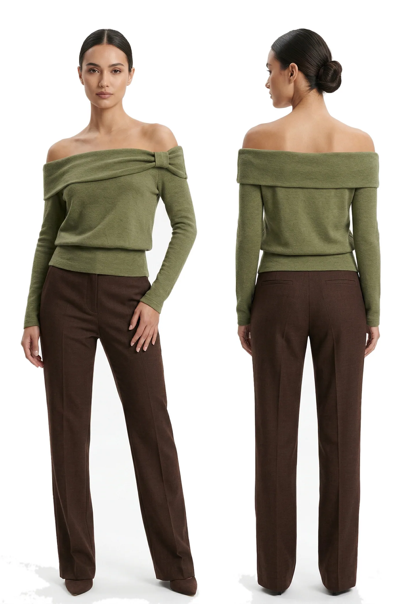 Front and back views of a green off-shoulder knit top worn with brown trousers, photographed together on a white studio ground.