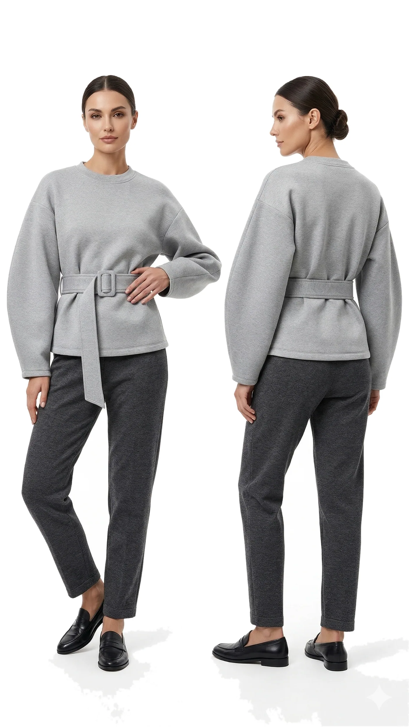 Front and back views of a grey belted jacket with a wide sleeve worn with grey trousers, photographed together on a white studio ground.