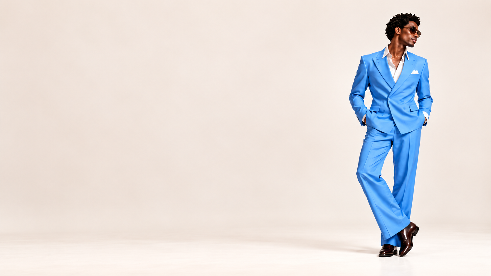 Man in a cobalt double-breasted suit standing in a bone studio.