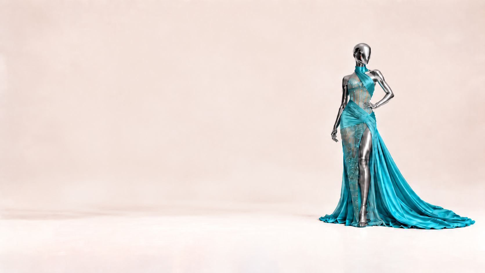 Chrome mannequin wearing a draped turquoise gown in a bone studio.