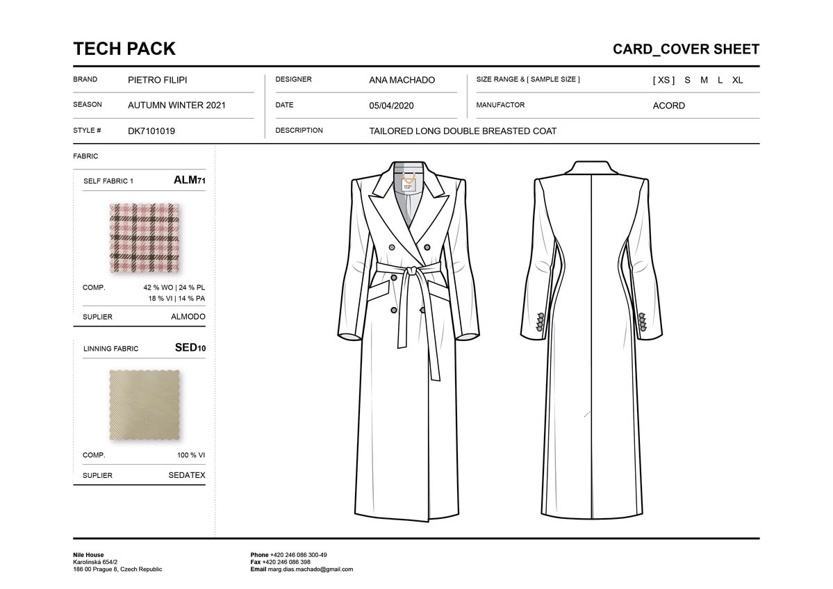 Tech pack cover sheet: brand, season and style fields beside fabric swatches, with front and back flats of a tailored double-breasted coat.
