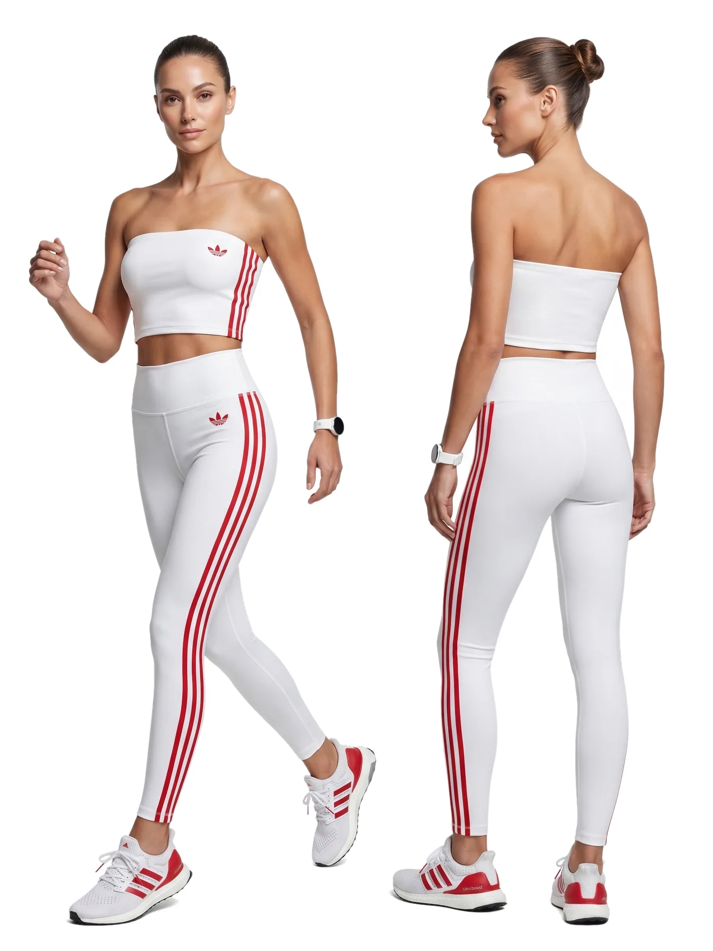 Front and back views of a white bandeau top and white leggings with a red side stripe, photographed together on a white studio ground.