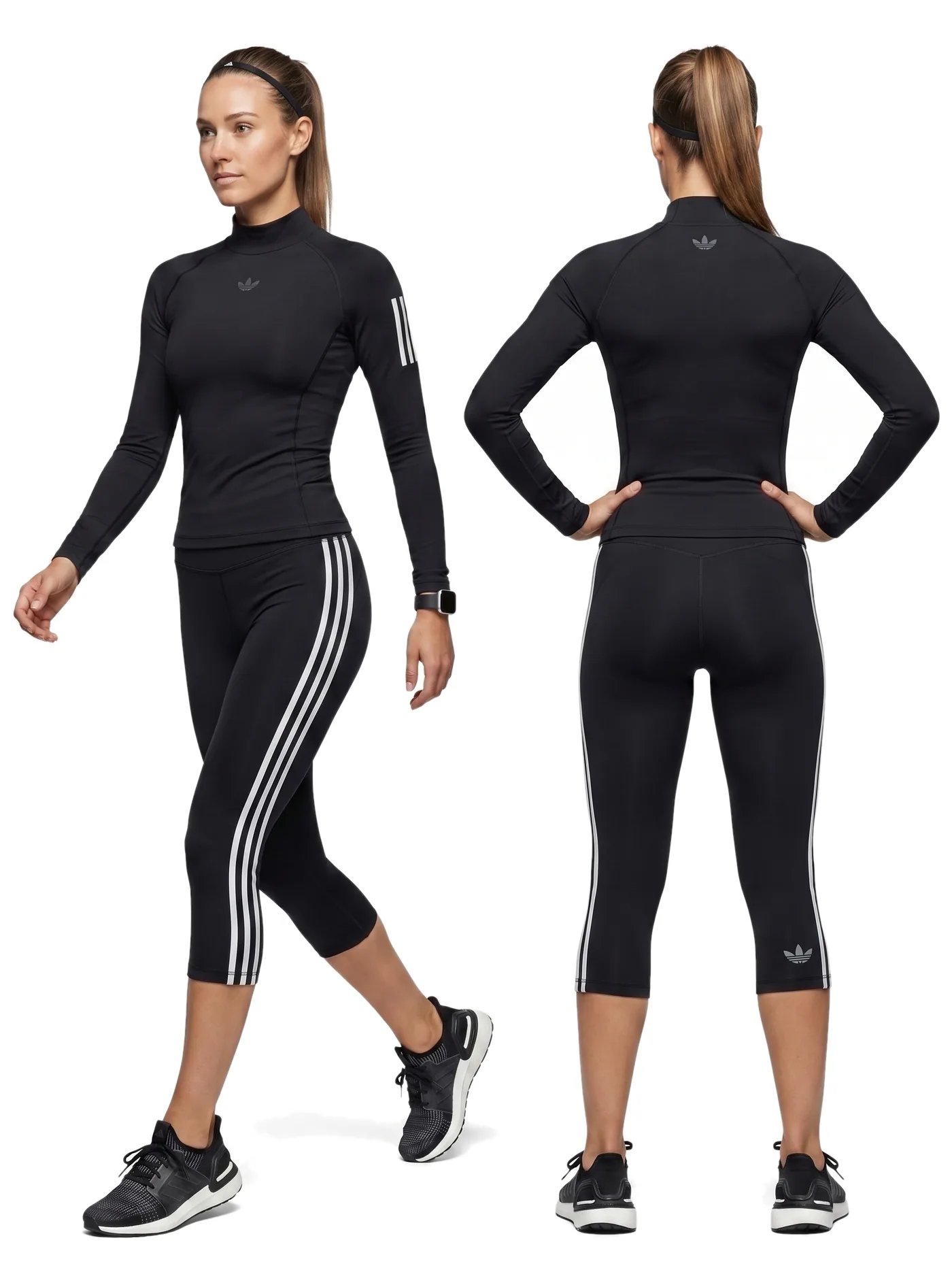 Front and back views of a black long-sleeved top and cropped black leggings with white side stripes, photographed together on a white studio ground.