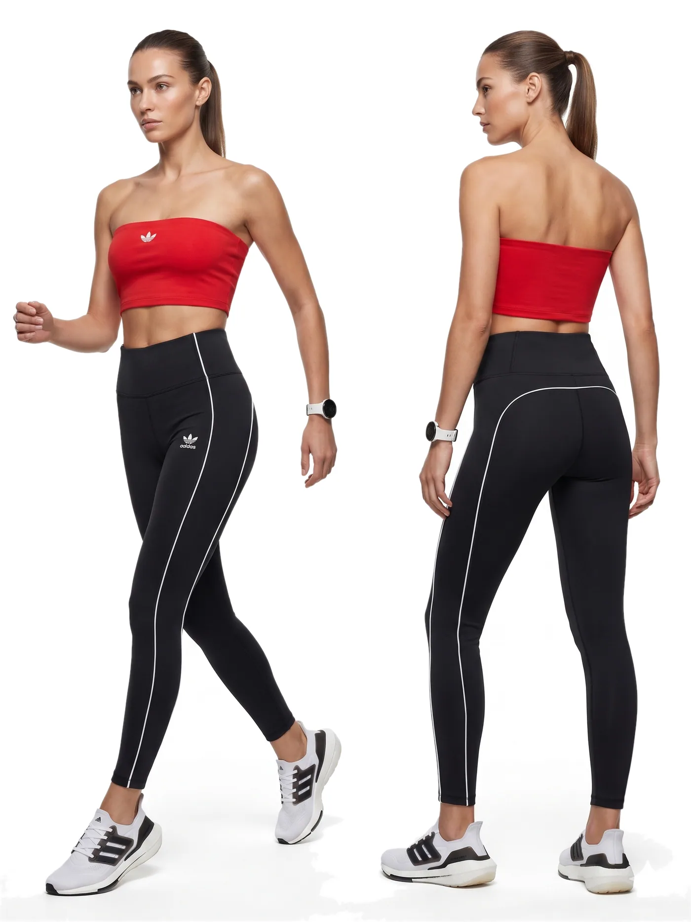 Front and back views of a red bandeau top and black leggings with white piping down the leg, photographed together on a white studio ground.