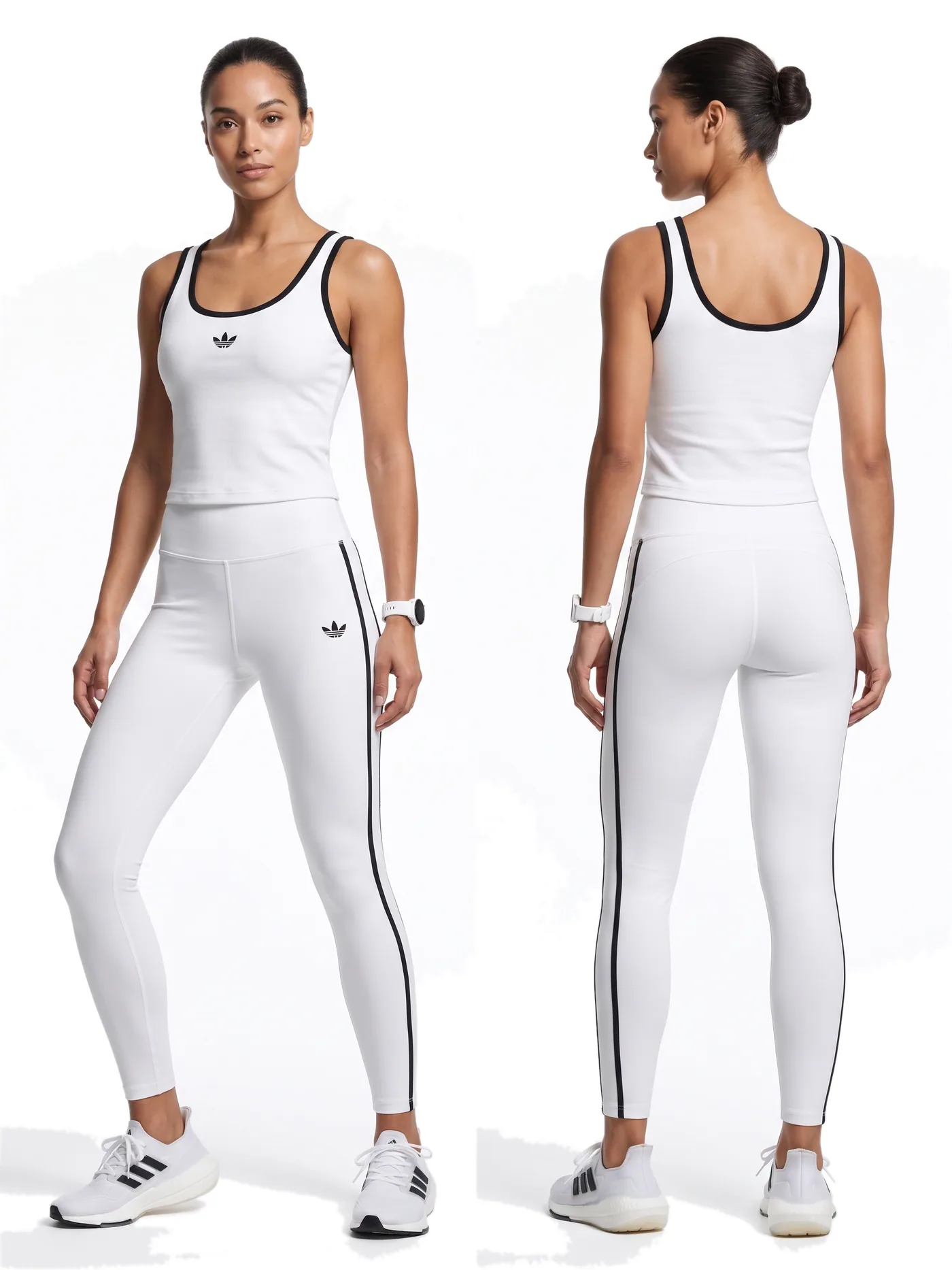 Front and back views of a white tank top and white leggings with a black side stripe, photographed together on a white studio ground.