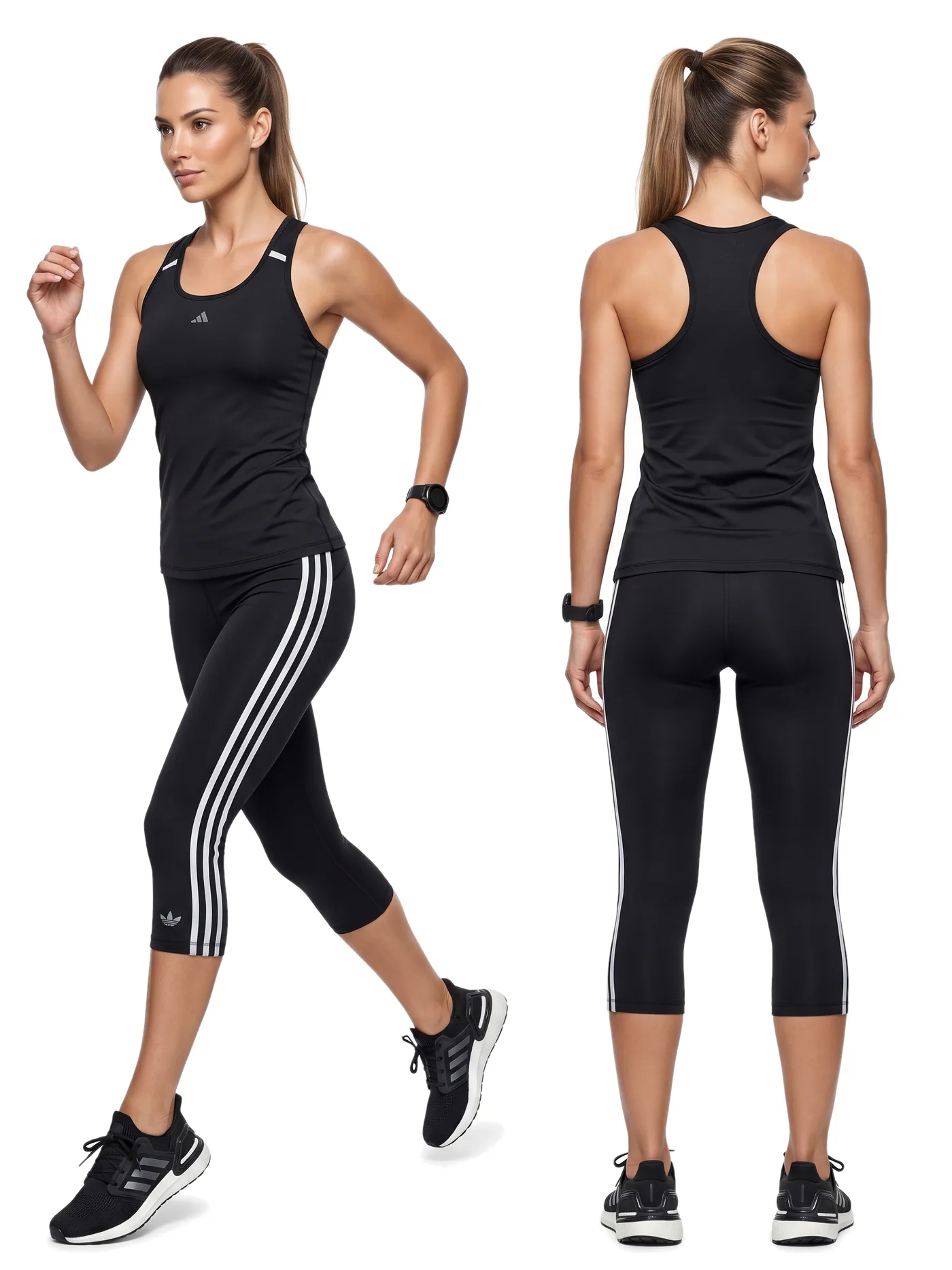 Front and back views of a black racerback tank and black leggings with white side stripes, photographed together on a white studio ground.