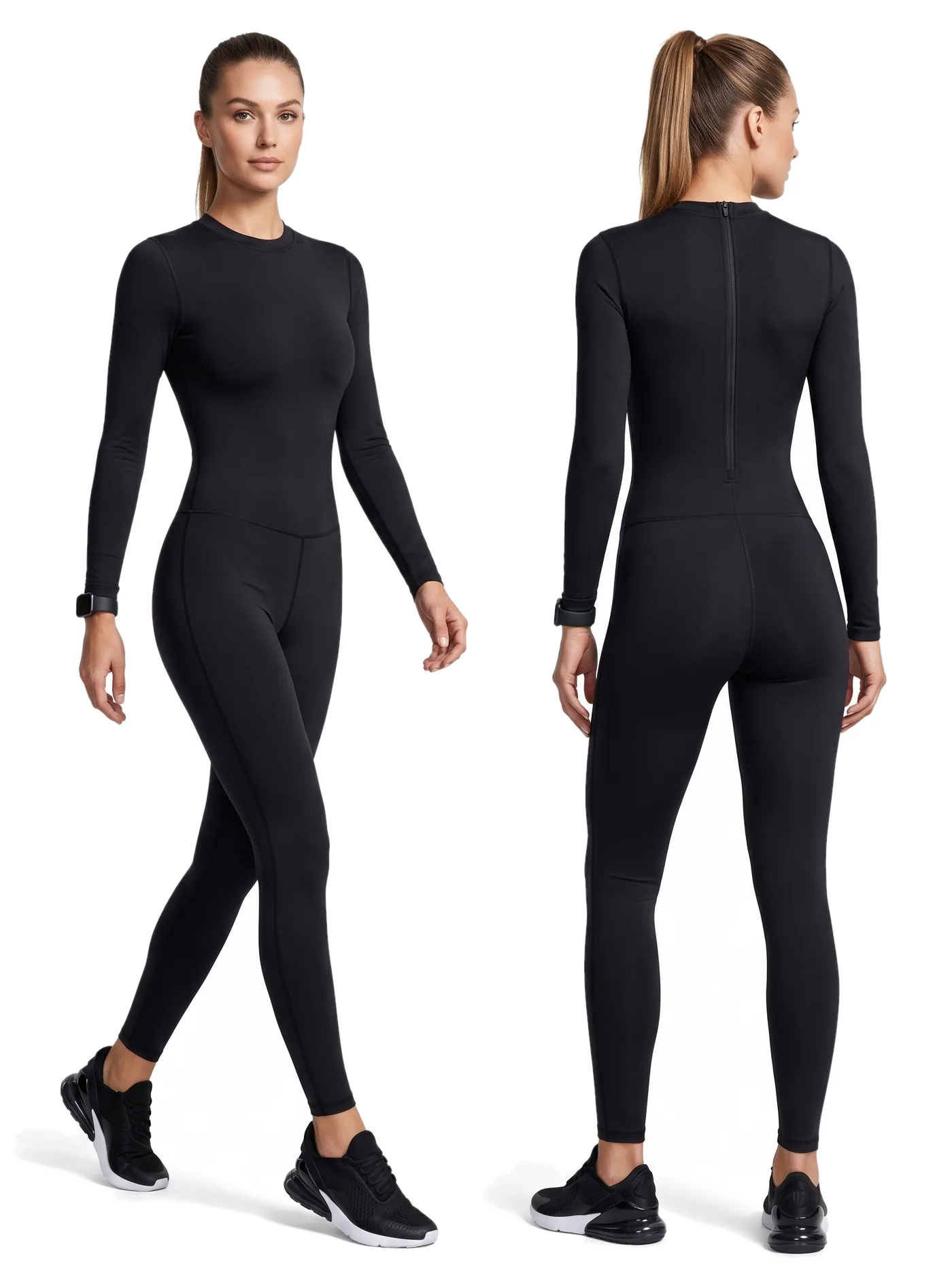 Front and back views of a black long-sleeved training top and full-length black leggings, photographed together on a white studio ground.