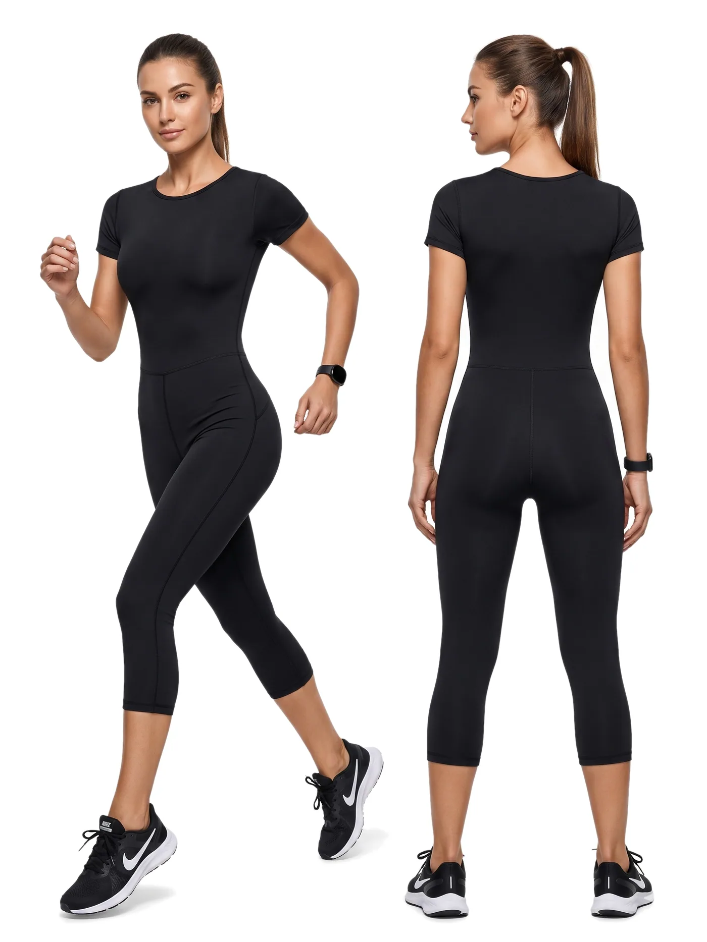 Front and back views of a black short-sleeved training top and cropped black leggings, photographed together on a white studio ground.