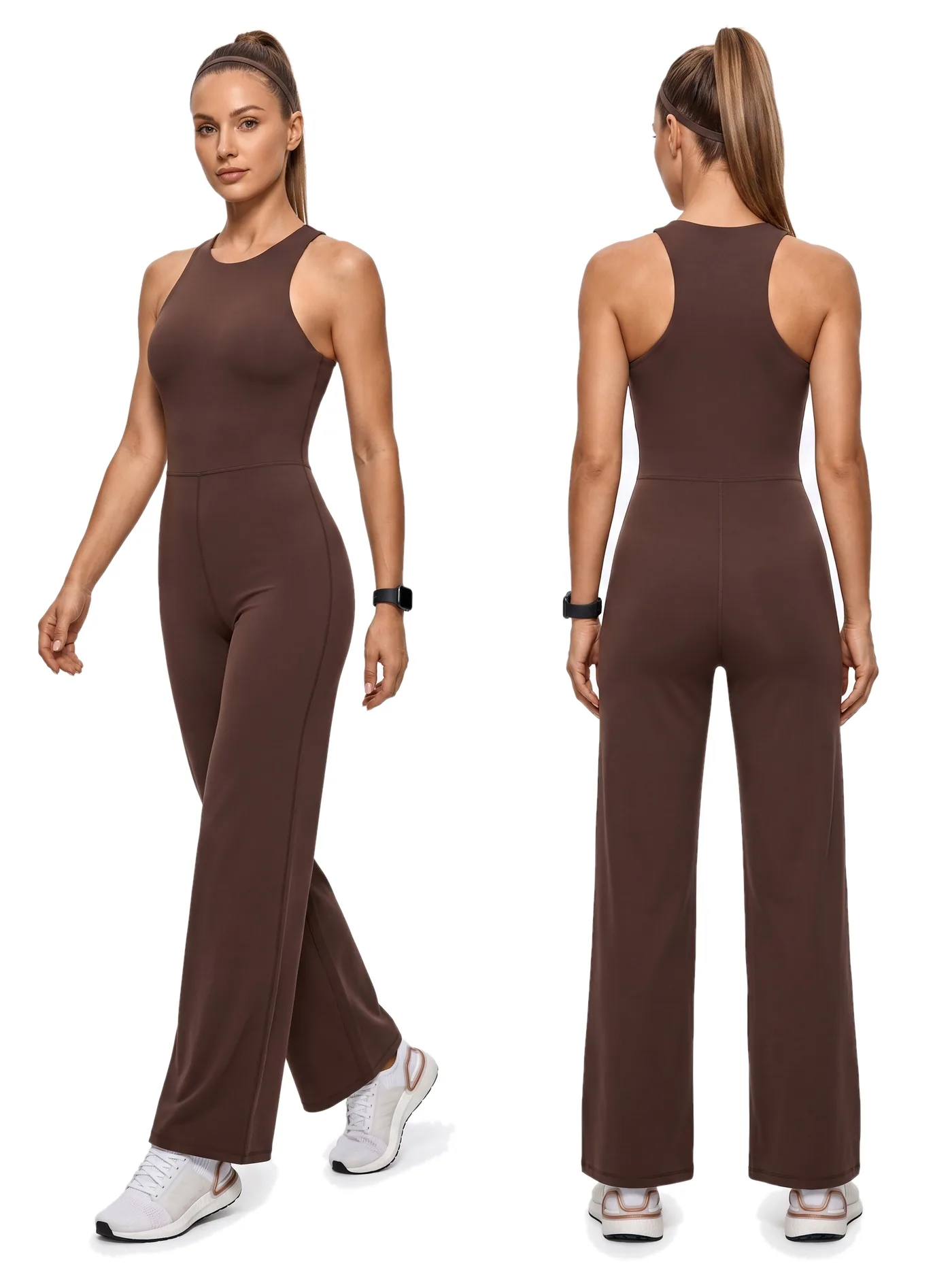 Front and back views of a brown ribbed tank top and matching brown wide flared trousers, photographed together on a white studio ground.