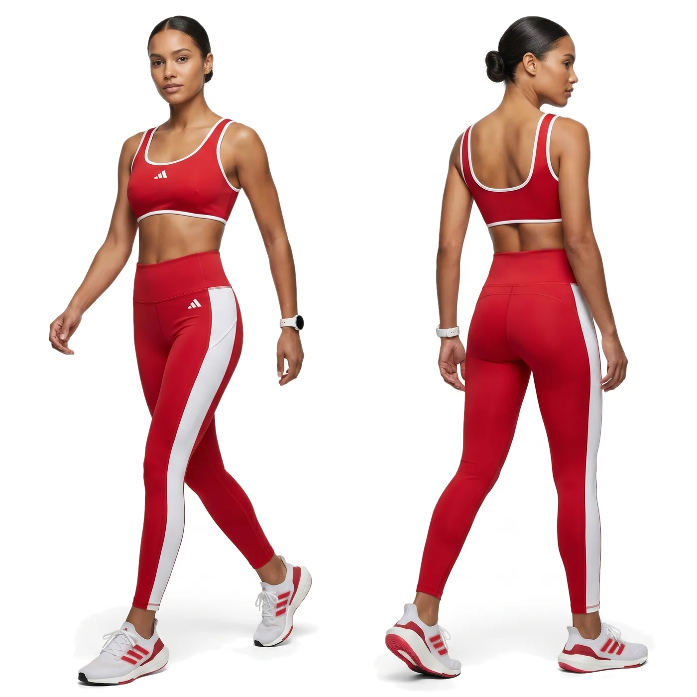 Front and back views of a red sports bra and red leggings with a white colourblocked side panel, photographed together on a white studio ground.