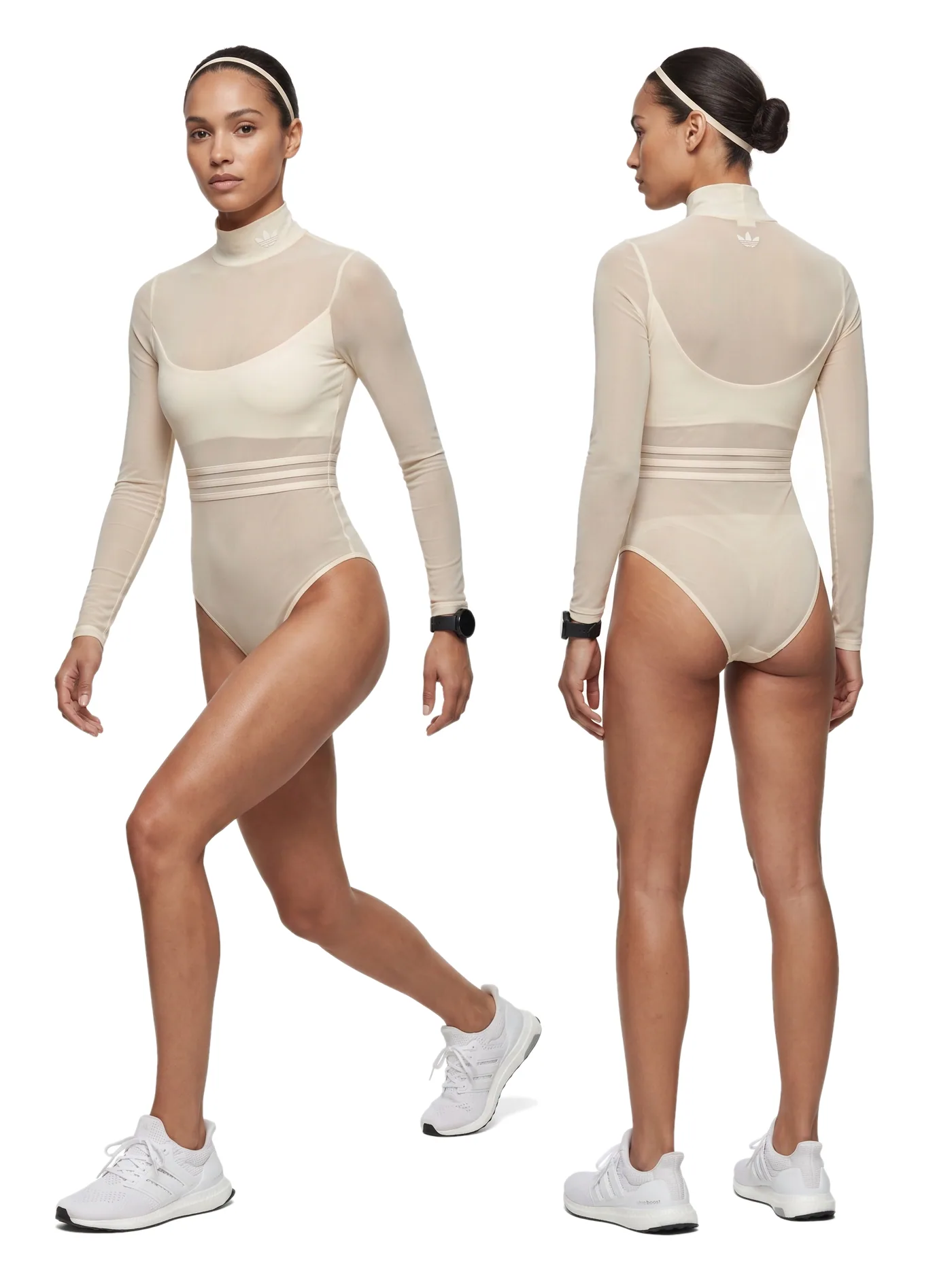 Front and back views of a sand long-sleeved top and a matching high-cut bodysuit, photographed together on a white studio ground.