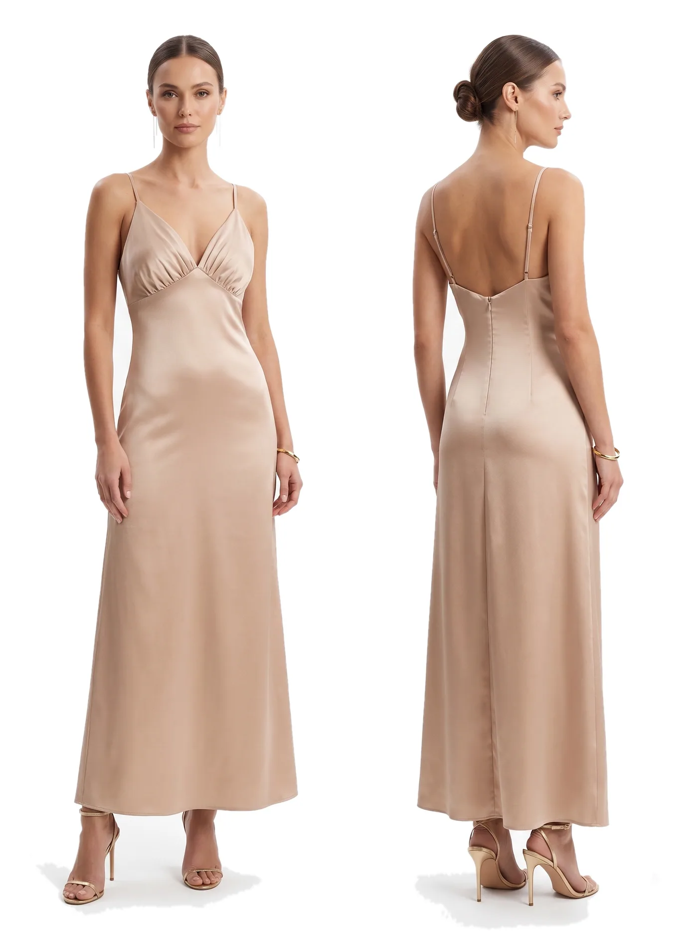 Front and back views of a champagne satin slip dress with a cowl neckline and a low open back, photographed together on a white studio ground.