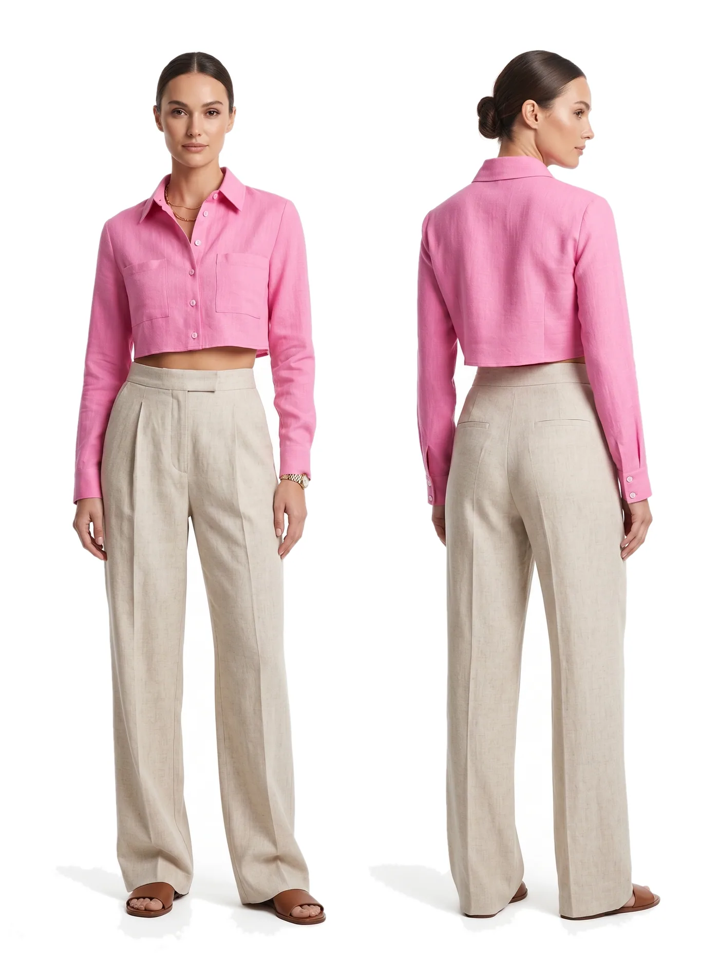 Front and back views of a pink cropped shirt worn with stone wide-leg trousers, photographed together on a white studio ground.