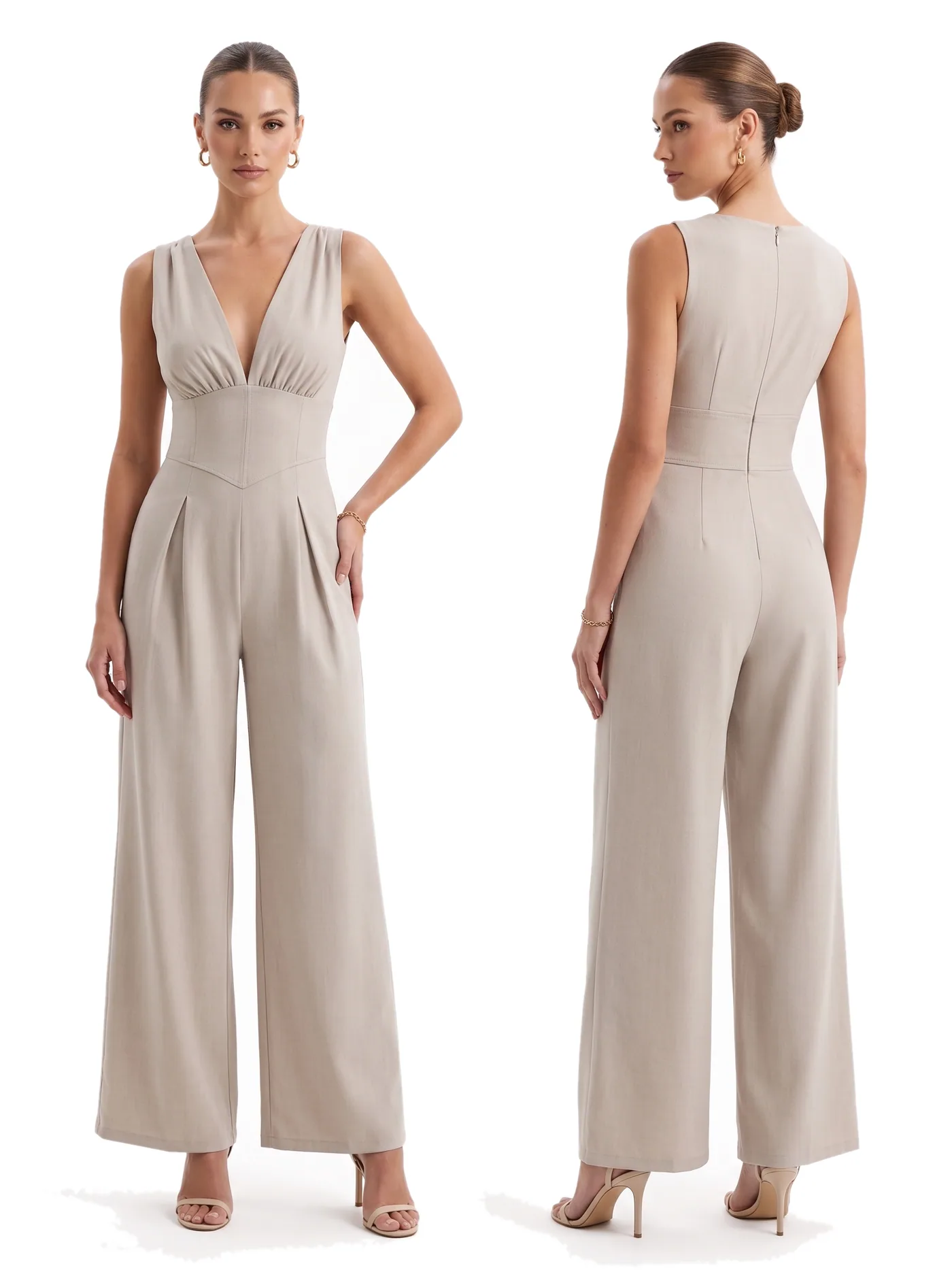 Front and back views of a stone wide-leg jumpsuit with a V neckline and a high back, photographed together on a white studio ground.