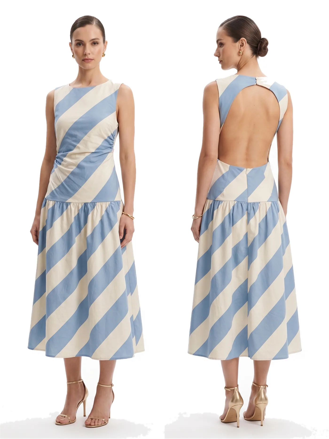 Front and back views of a blue and white diagonally striped sleeveless midi dress with an open back, photographed together on a white studio ground.
