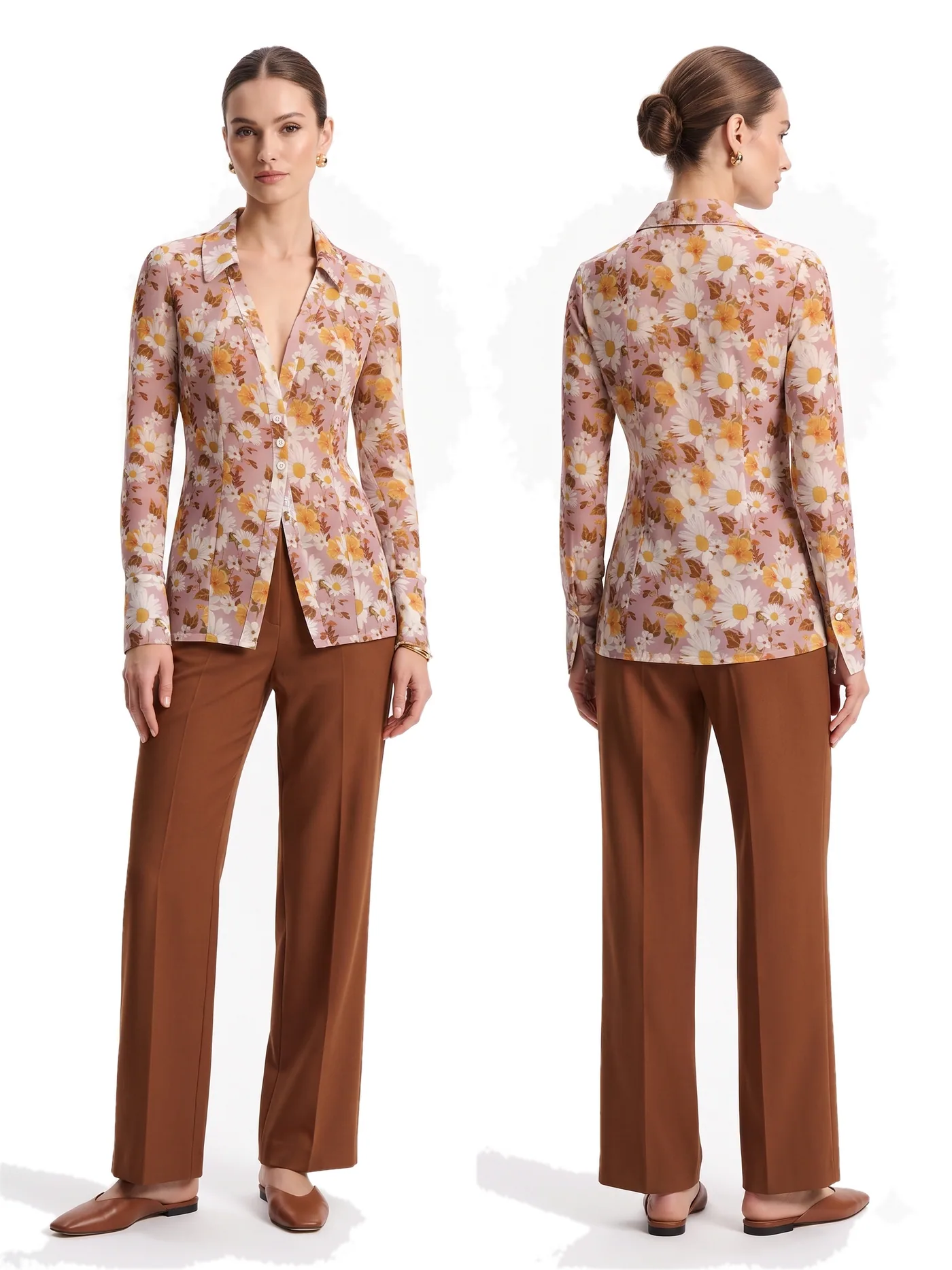 Front and back views of a floral printed shirt-jacket worn with rust wide-leg trousers, photographed together on a white studio ground.