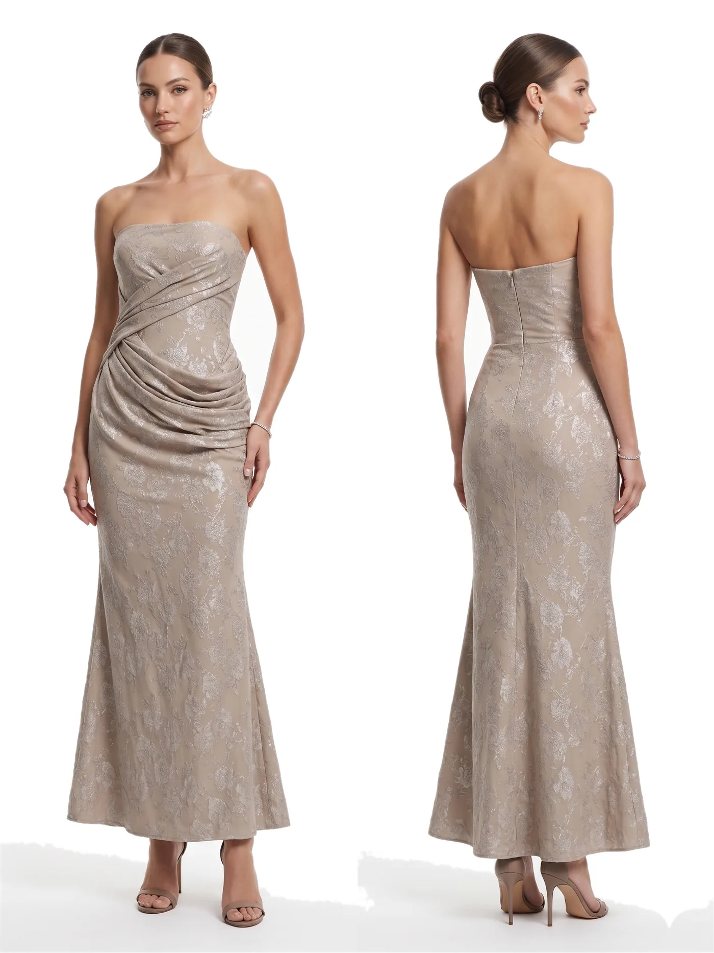 Front and back views of a champagne strapless column gown with ruching across the front and a fishtail hem, photographed together on a white studio ground.