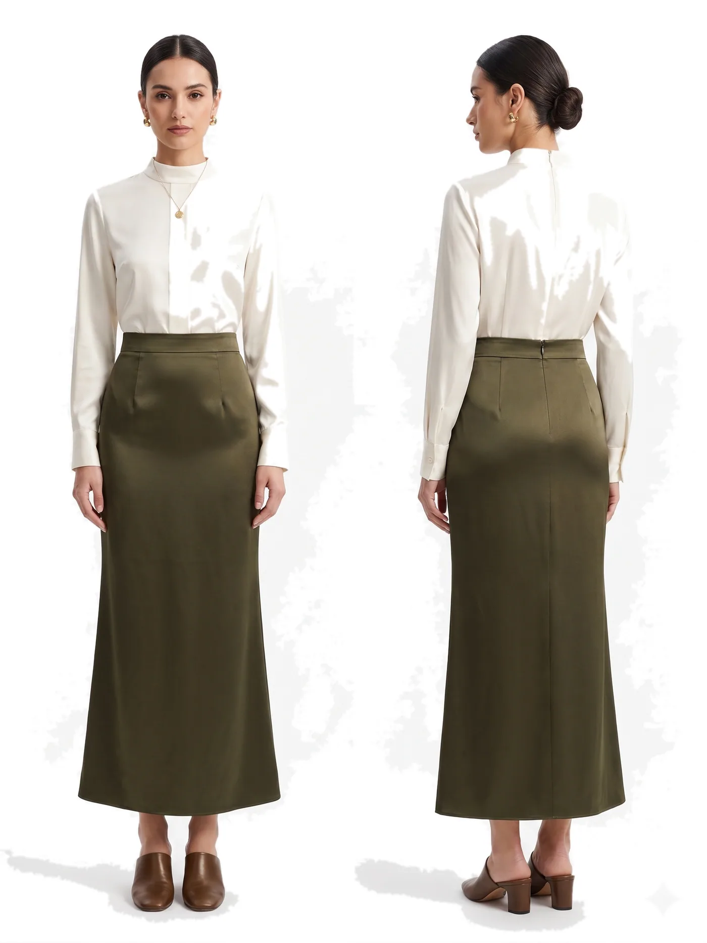 Front and back views of a cream high-neck blouse worn with an olive satin maxi skirt, photographed together on a white studio ground.