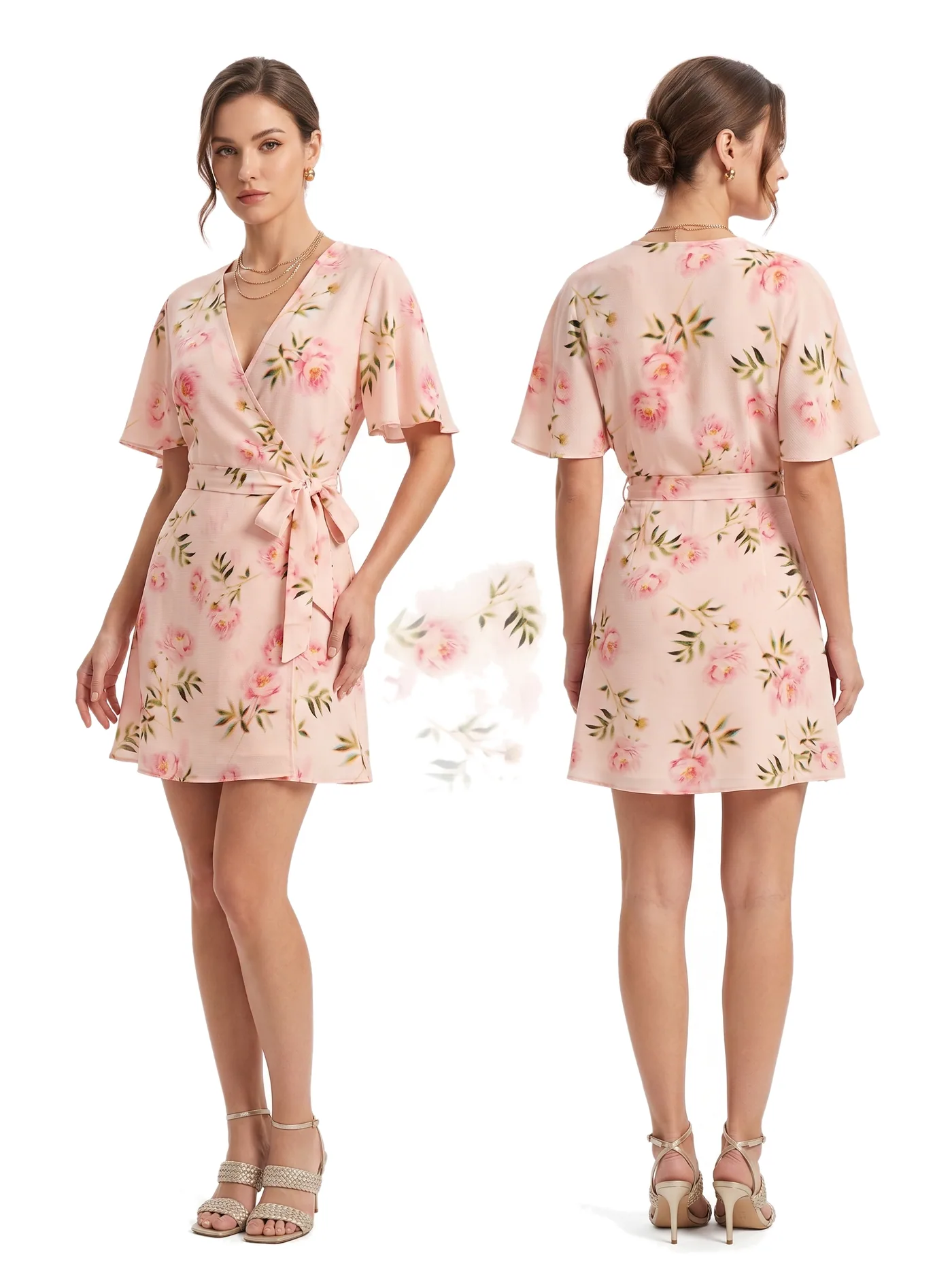 Front and back views of a pink floral wrap mini dress with flutter sleeves, photographed together on a white studio ground.